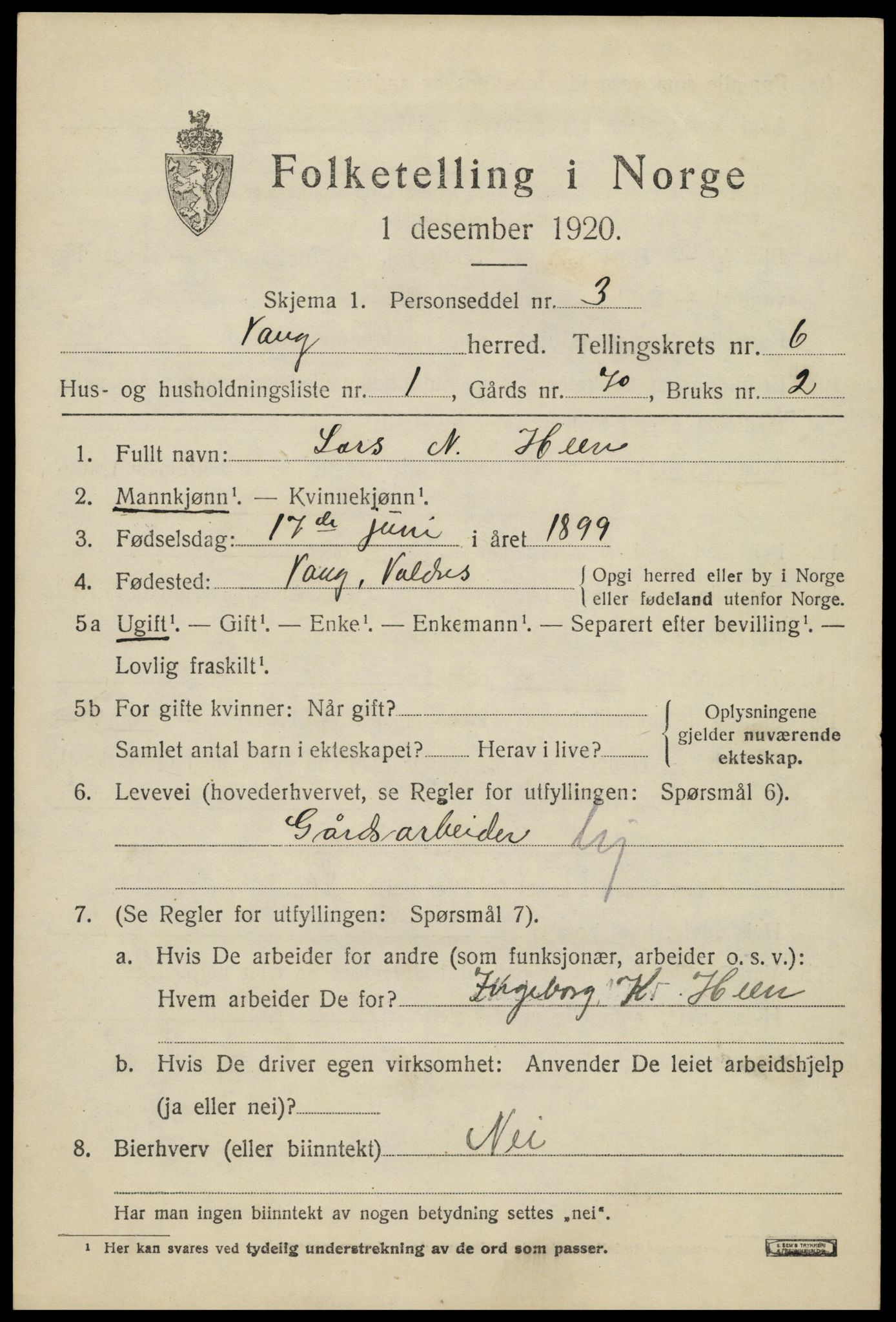 SAH, 1920 census for Vang (Oppland), 1920, p. 2633