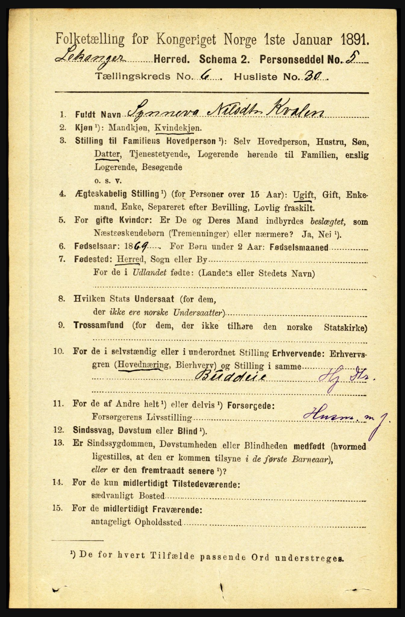 RA, 1891 census for 1419 Leikanger, 1891, p. 1293