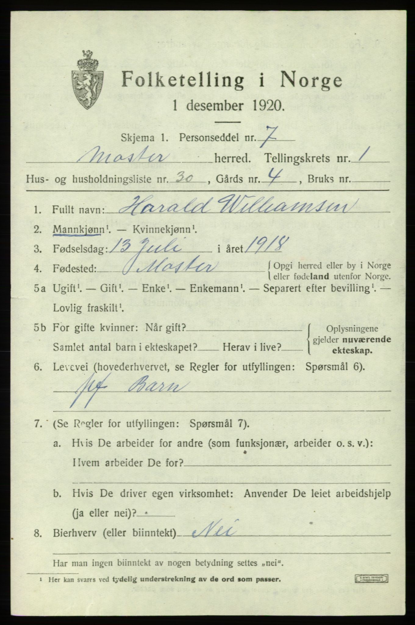 SAB, 1920 census for Moster, 1920, p. 819