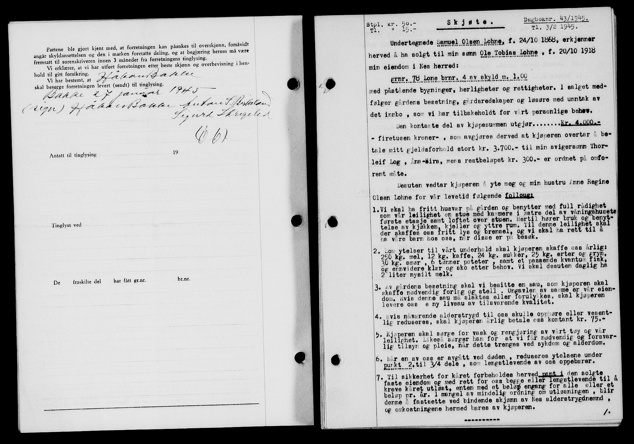 Flekkefjord sorenskriveri, SAK/1221-0001/G/Gb/Gba/L0059: Mortgage book no. A-7, 1944-1945, Diary no: : 43/1945