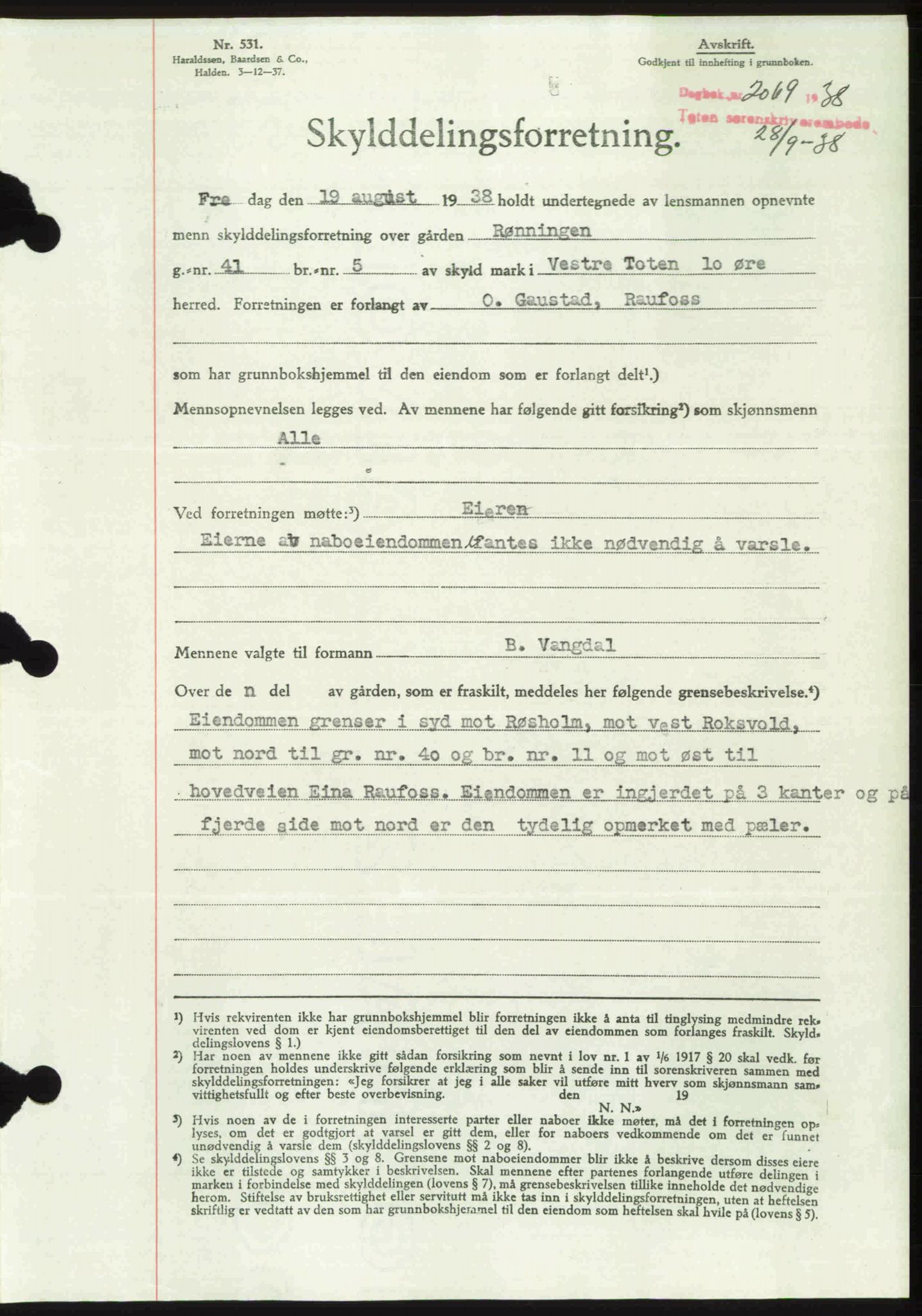 Toten tingrett, SAH/TING-006/H/Hb/Hbc/L0004: Mortgage book no. Hbc-04, 1938-1938, Diary no: : 2069/1938
