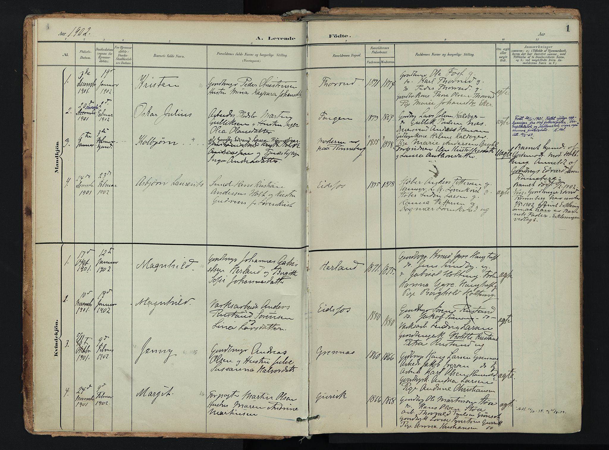 Hof kirkebøker, AV/SAKO-A-64/F/Fa/L0008: Parish register (official) no. I 8, 1902-1921, p. 1