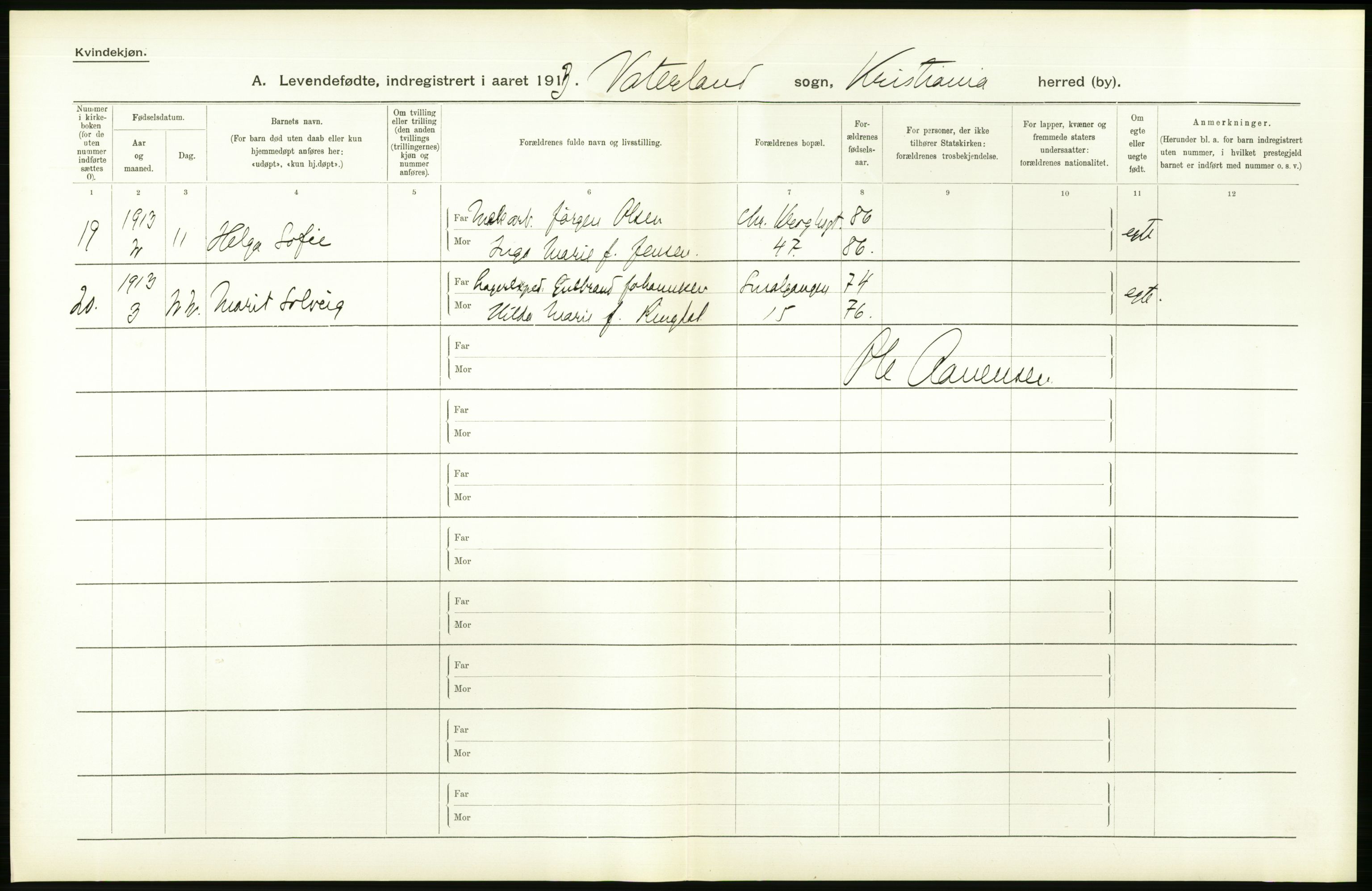 Statistisk sentralbyrå, Sosiodemografiske emner, Befolkning, AV/RA-S-2228/D/Df/Dfb/Dfbc/L0007: Kristiania: Levendefødte menn og kvinner., 1913, p. 546