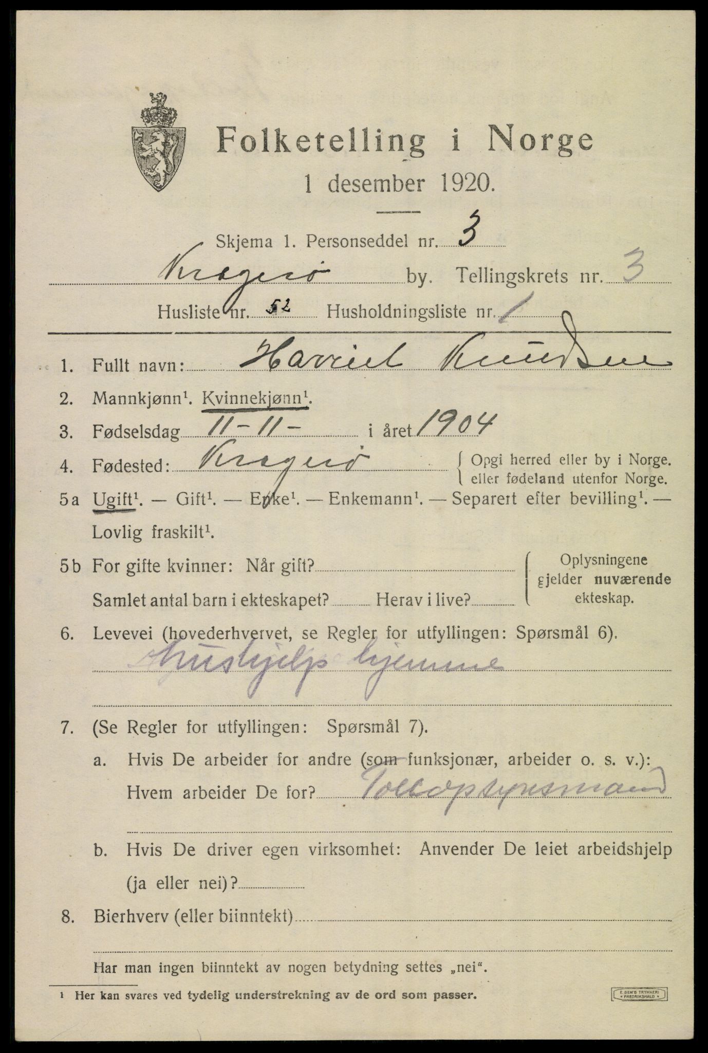 SAKO, 1920 census for Kragerø, 1920, p. 7659