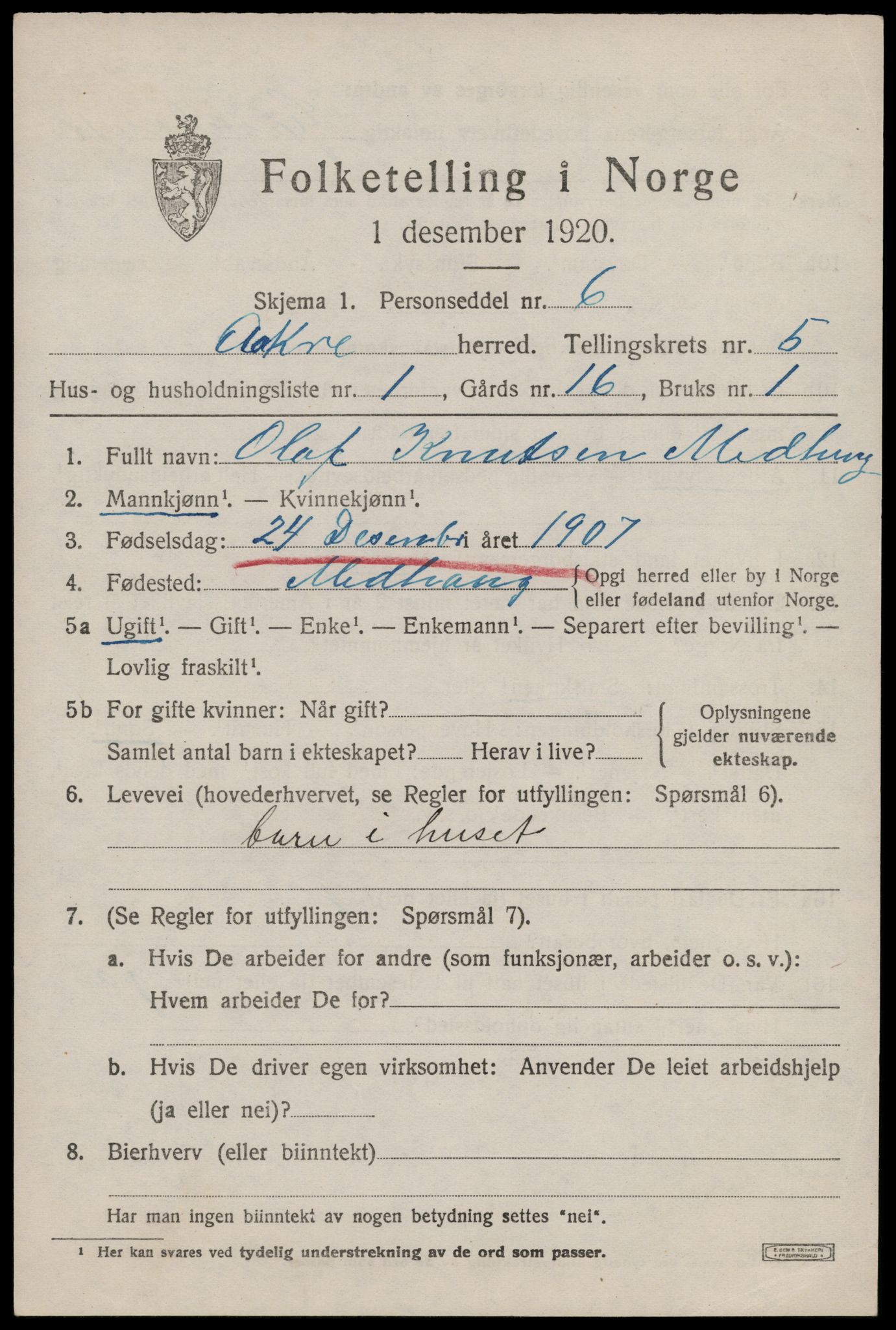 SAST, 1920 census for Åkra, 1920, p. 6830