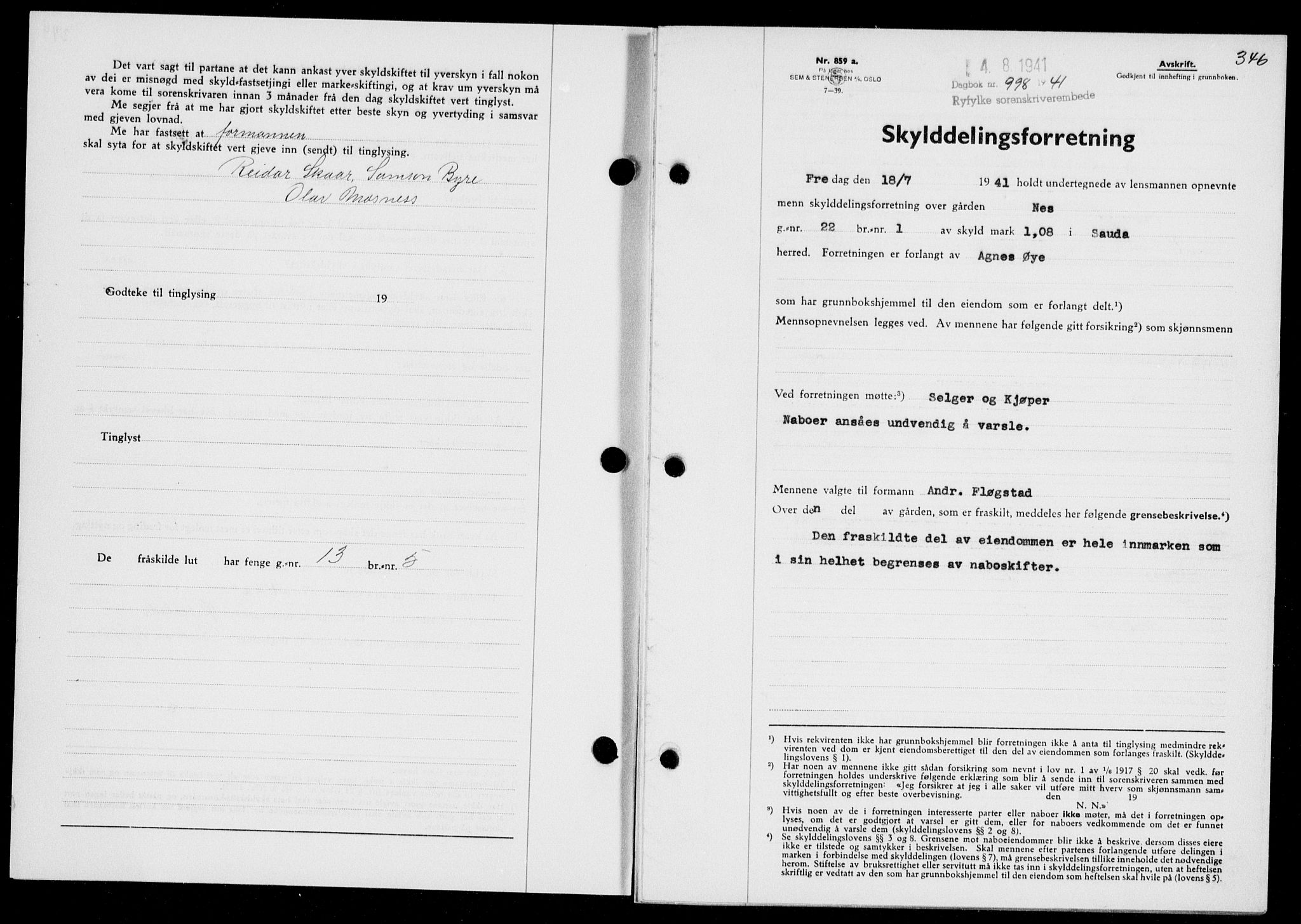 Ryfylke tingrett, SAST/A-100055/001/II/IIB/L0085: Mortgage book no. 64, 1941-1941, Diary no: : 998/1941
