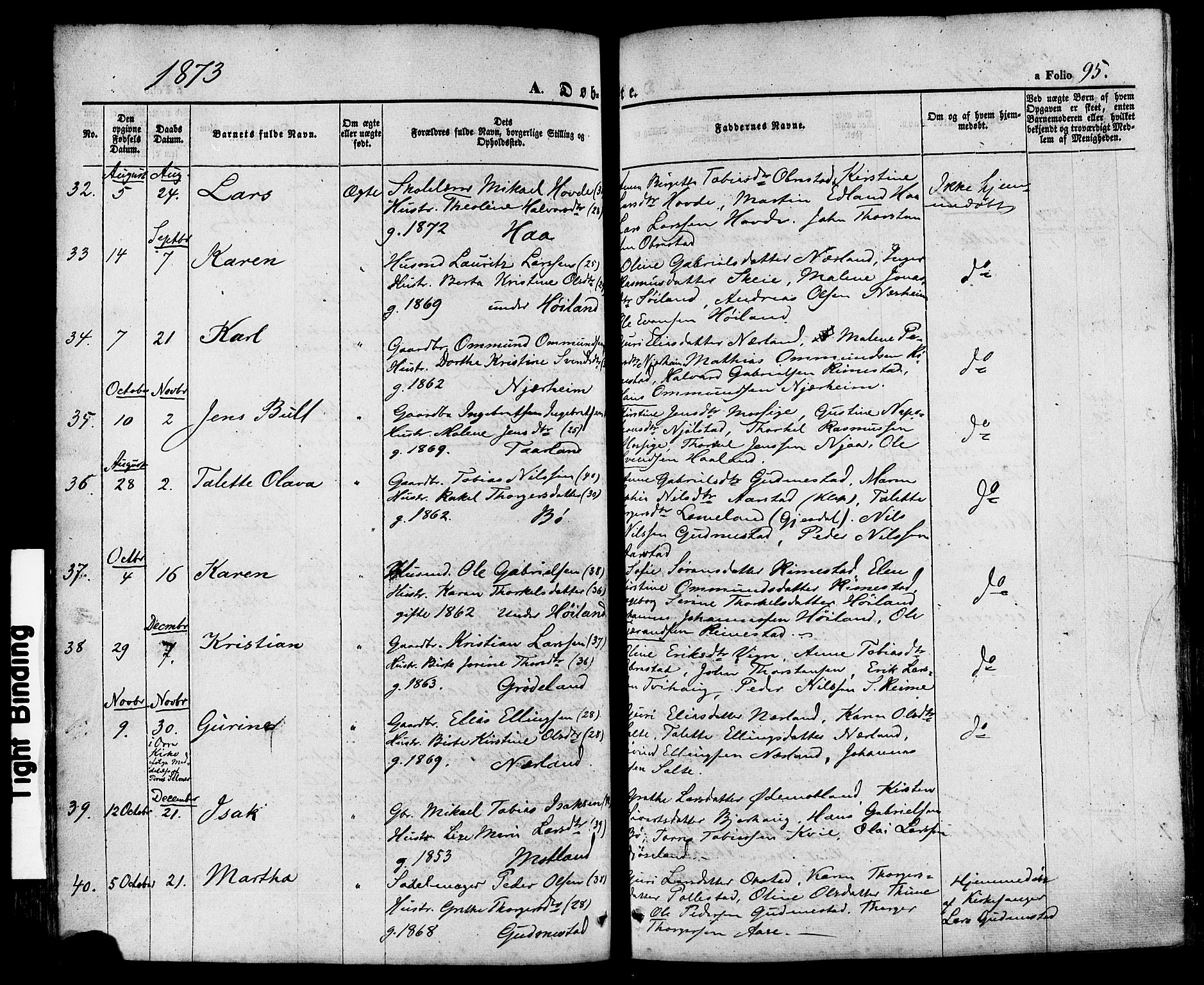 Hå sokneprestkontor, AV/SAST-A-101801/001/30BA/L0008: Parish register (official) no. A 7, 1853-1878, p. 95