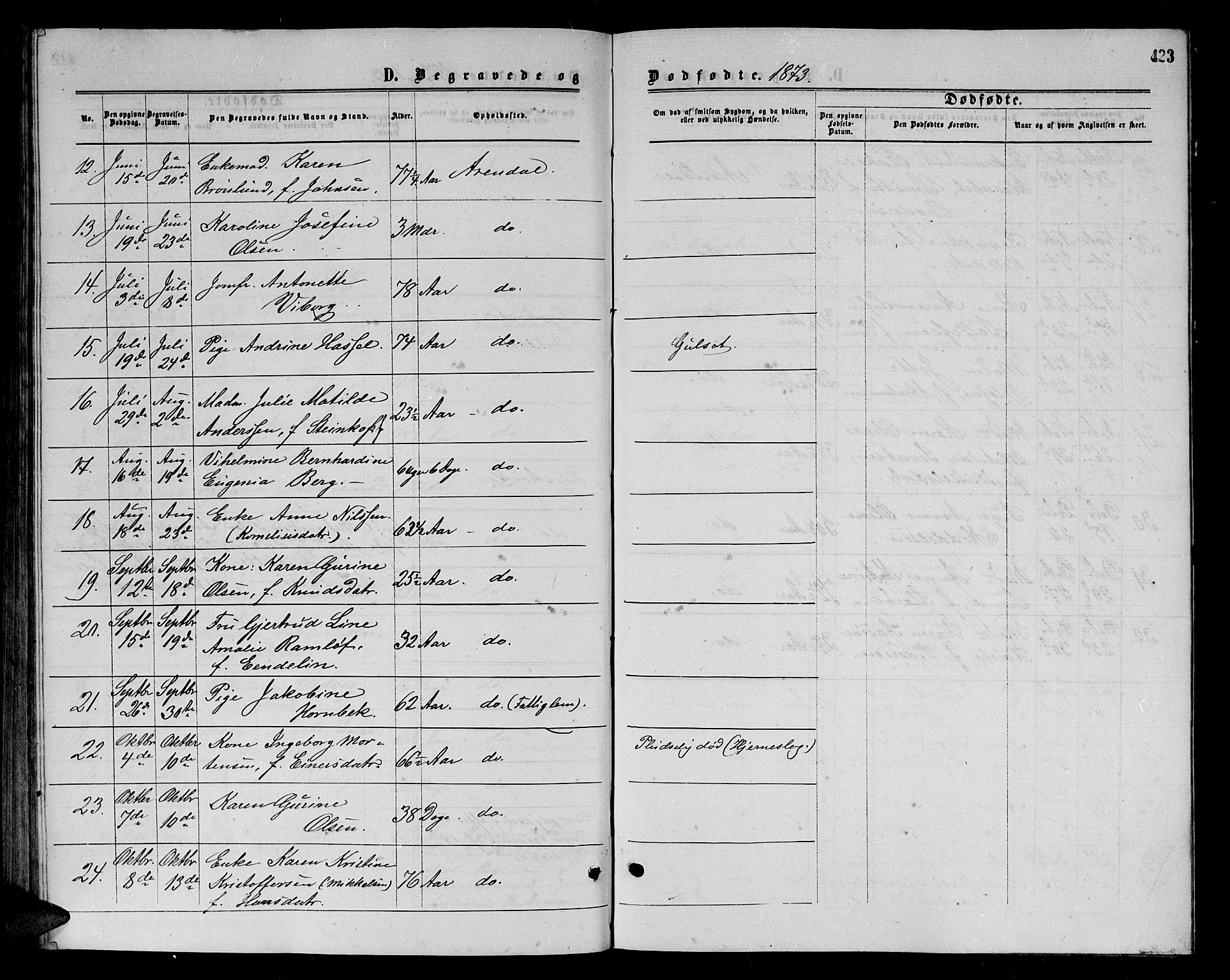 Arendal sokneprestkontor, Trefoldighet, SAK/1111-0040/F/Fb/L0004: Parish register (copy) no. B 4, 1861-1873, p. 423