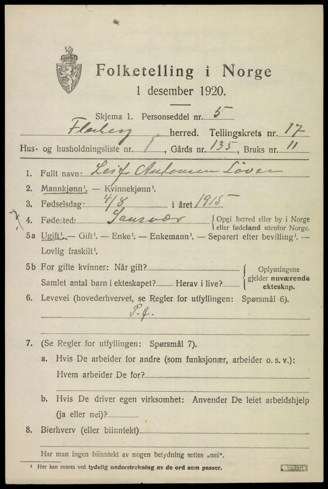 SAKO, 1920 census for Flesberg, 1920, p. 5177