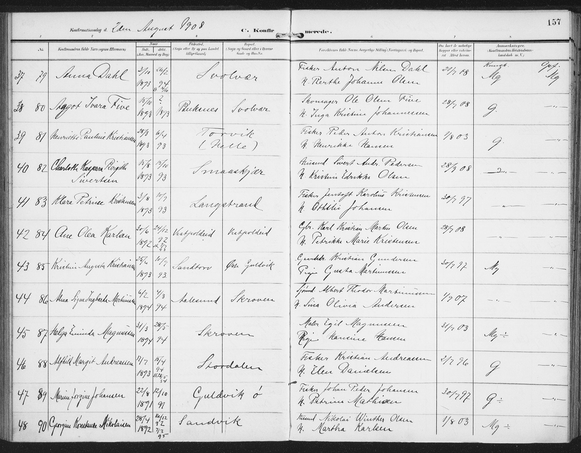 Ministerialprotokoller, klokkerbøker og fødselsregistre - Nordland, AV/SAT-A-1459/874/L1063: Parish register (official) no. 874A07, 1907-1915, p. 157