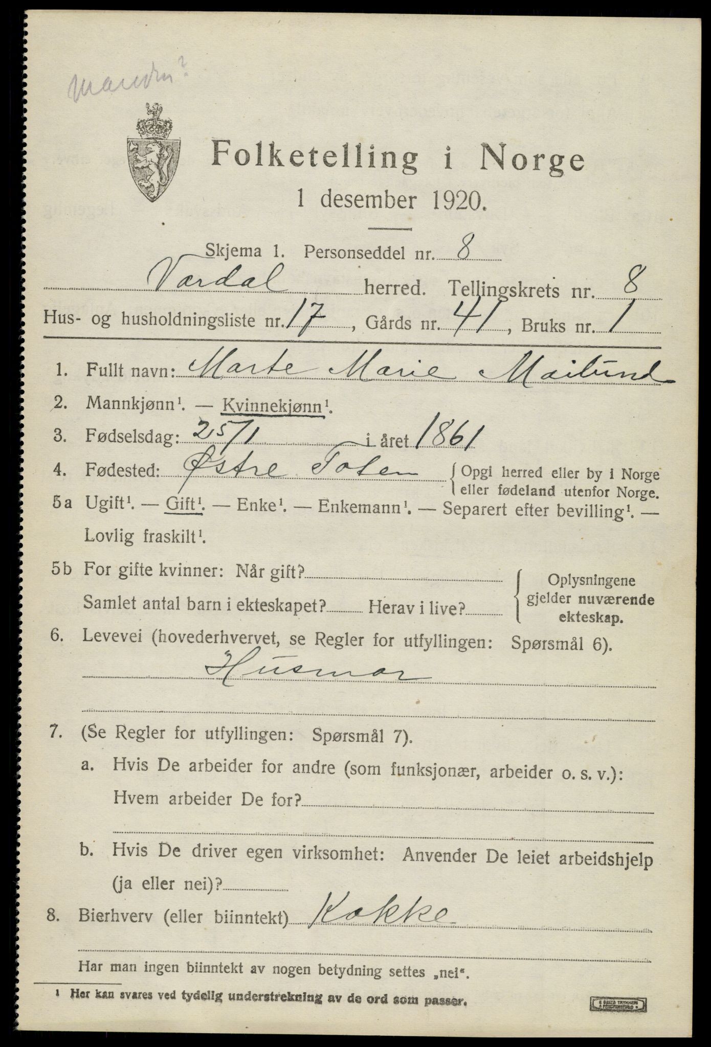 SAH, 1920 census for Vardal, 1920, p. 5921