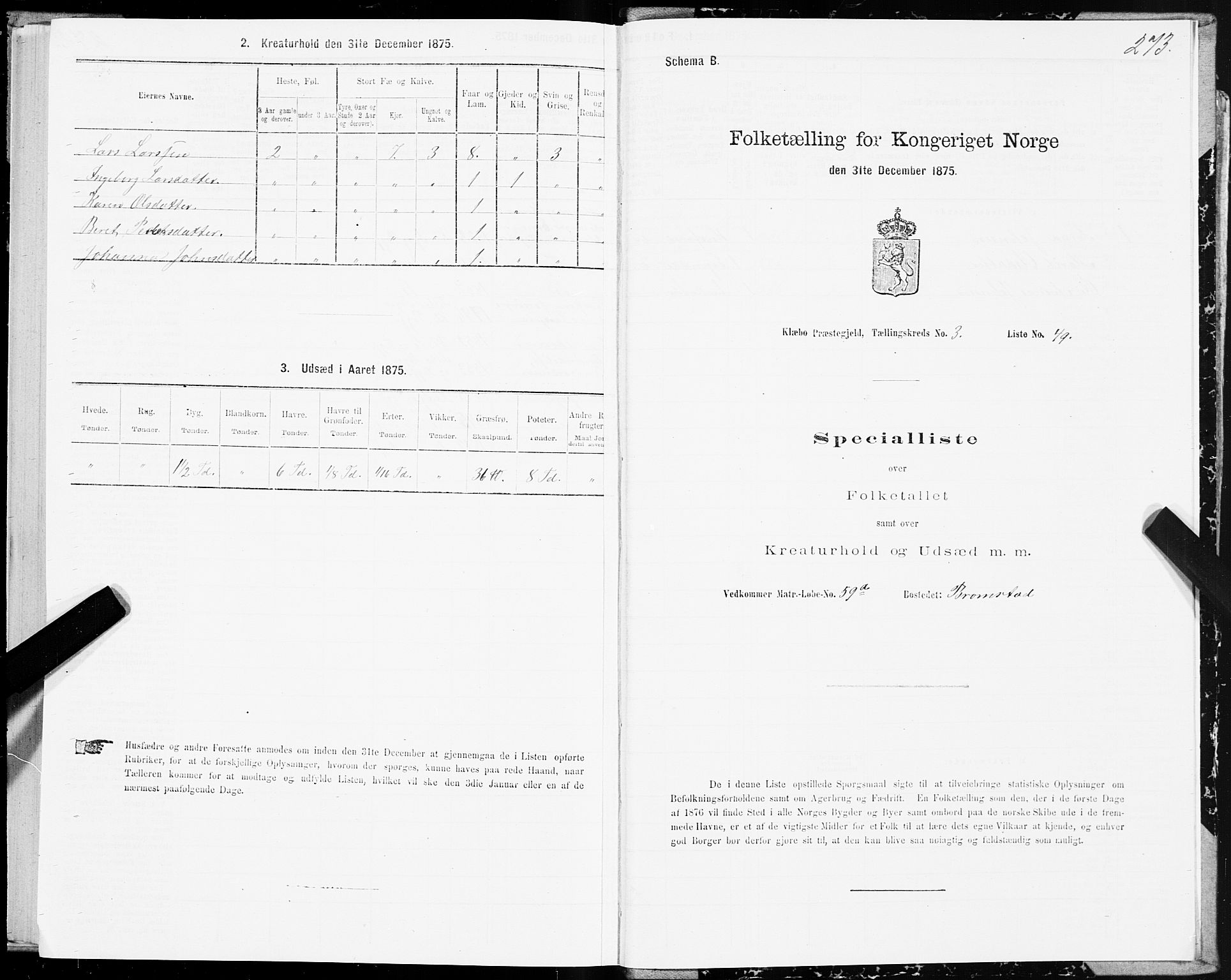 SAT, 1875 census for 1662P Klæbu, 1875, p. 1273