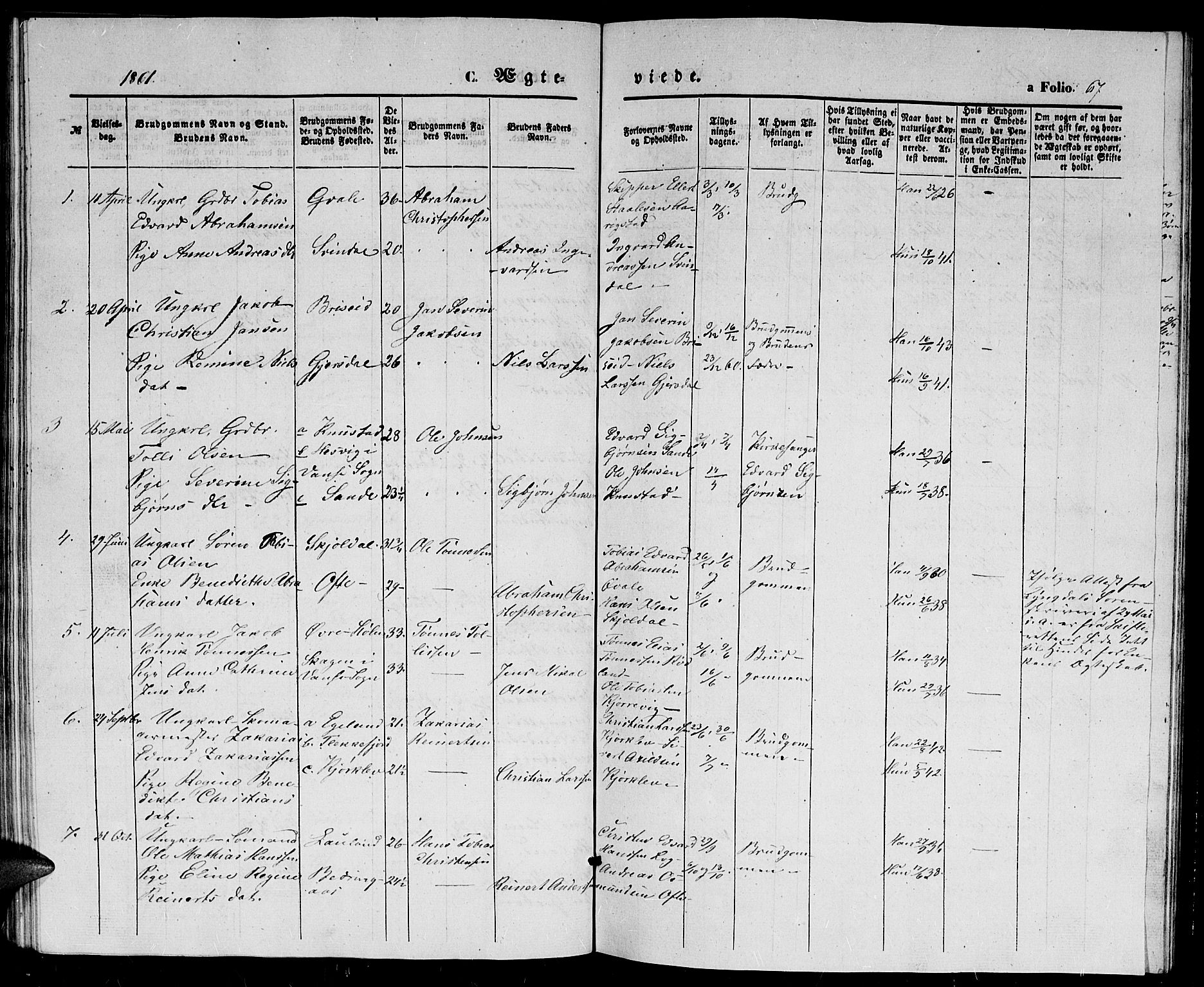 Herad sokneprestkontor, SAK/1111-0018/F/Fb/Fba/L0002: Parish register (copy) no. B 2, 1852-1862, p. 67