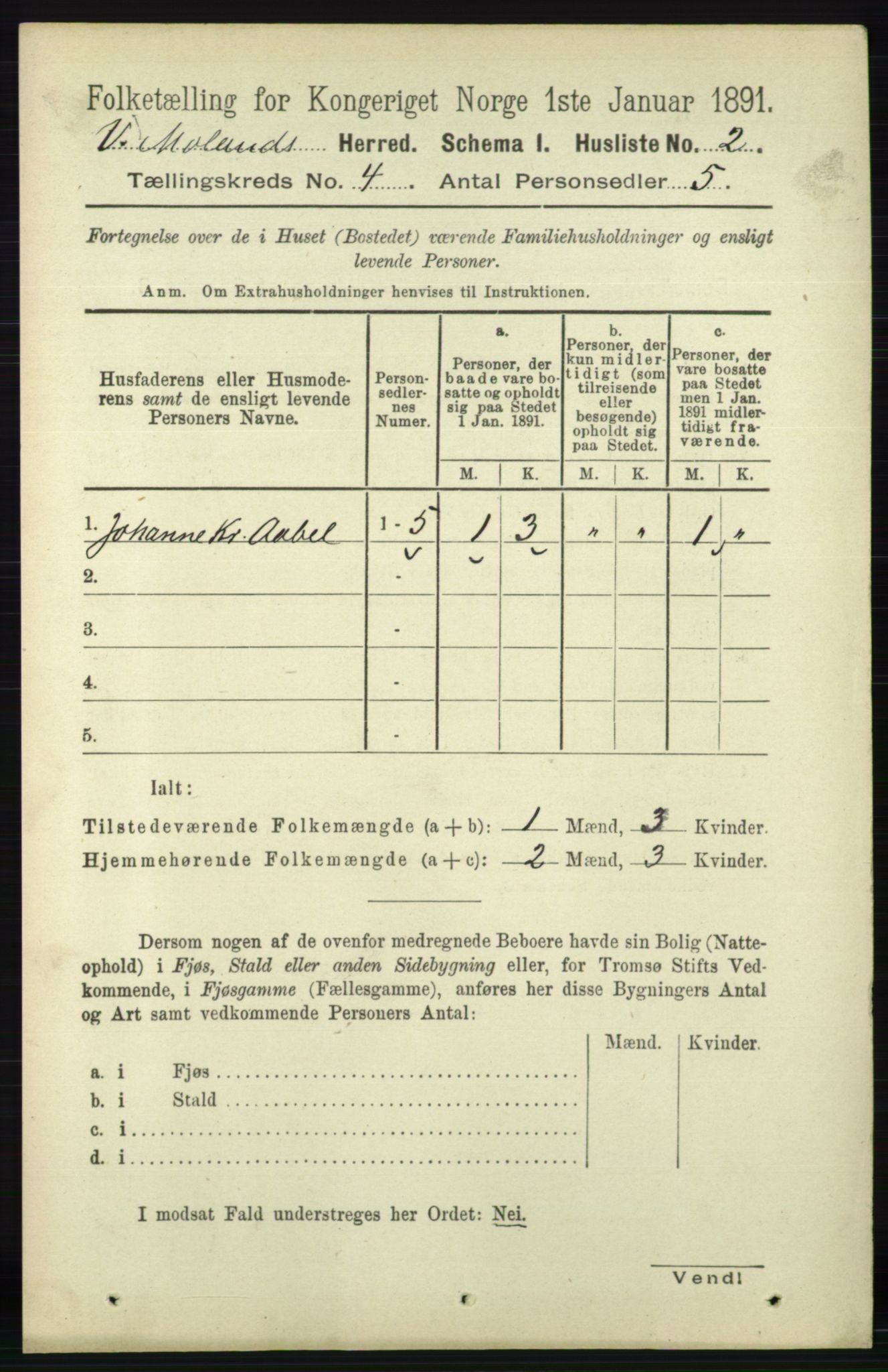 RA, 1891 census for 0926 Vestre Moland, 1891, p. 1143