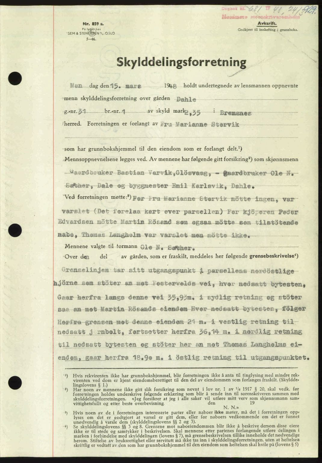 Nordmøre sorenskriveri, AV/SAT-A-4132/1/2/2Ca: Mortgage book no. A107, 1947-1948, Diary no: : 681/1948