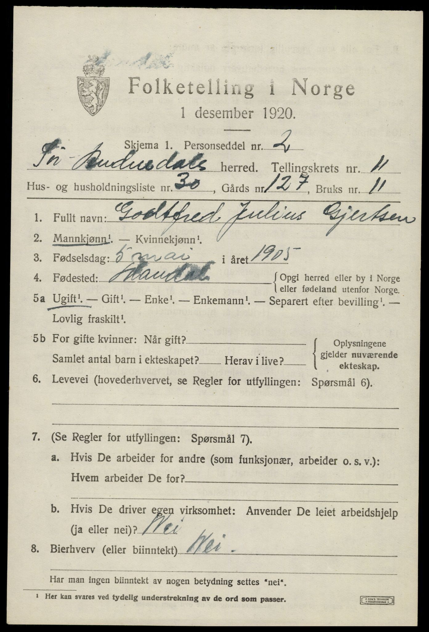 SAK, 1920 census for Sør-Audnedal, 1920, p. 4519