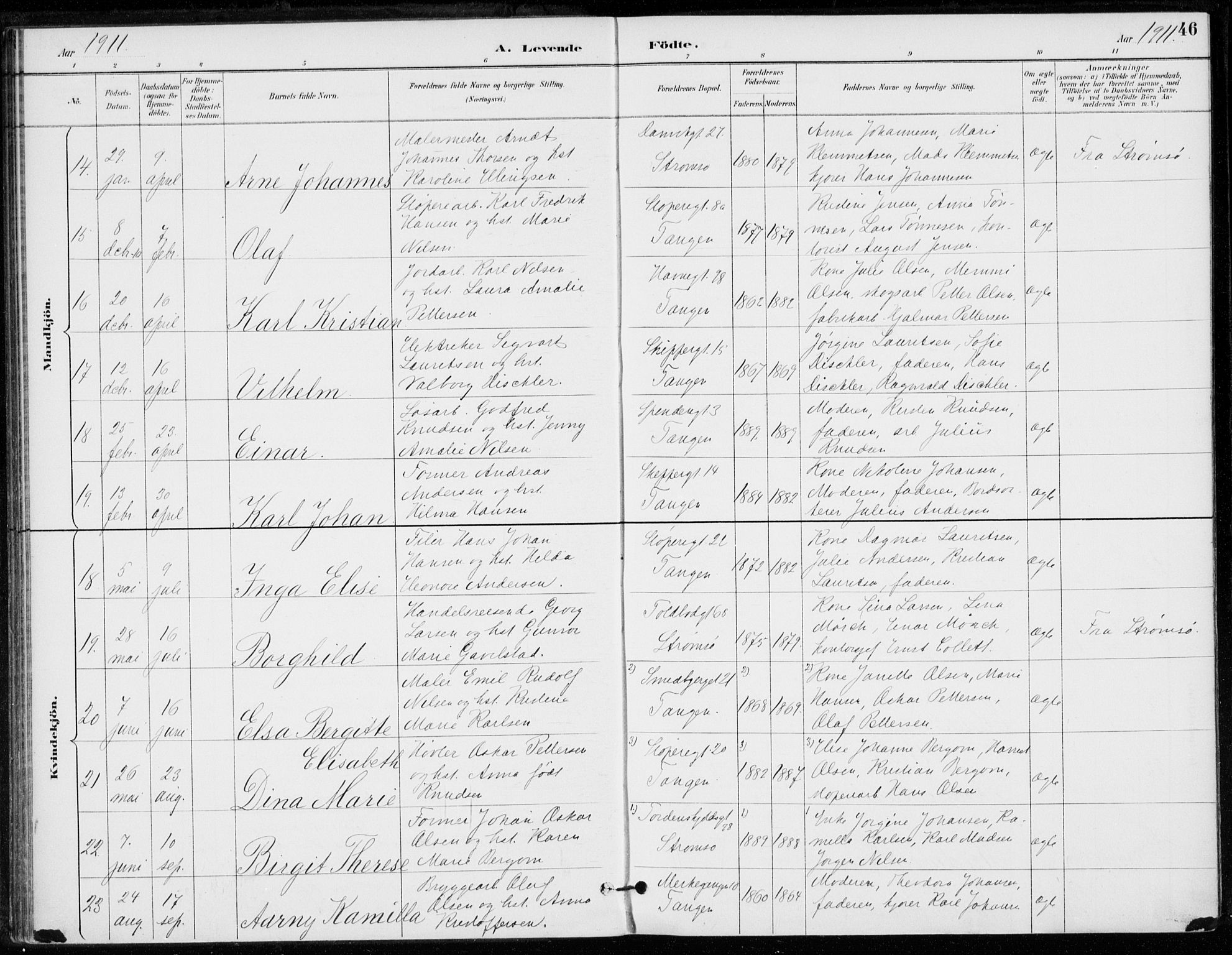 Strømsø kirkebøker, AV/SAKO-A-246/F/Fb/L0007: Parish register (official) no. II 7, 1887-1928, p. 46