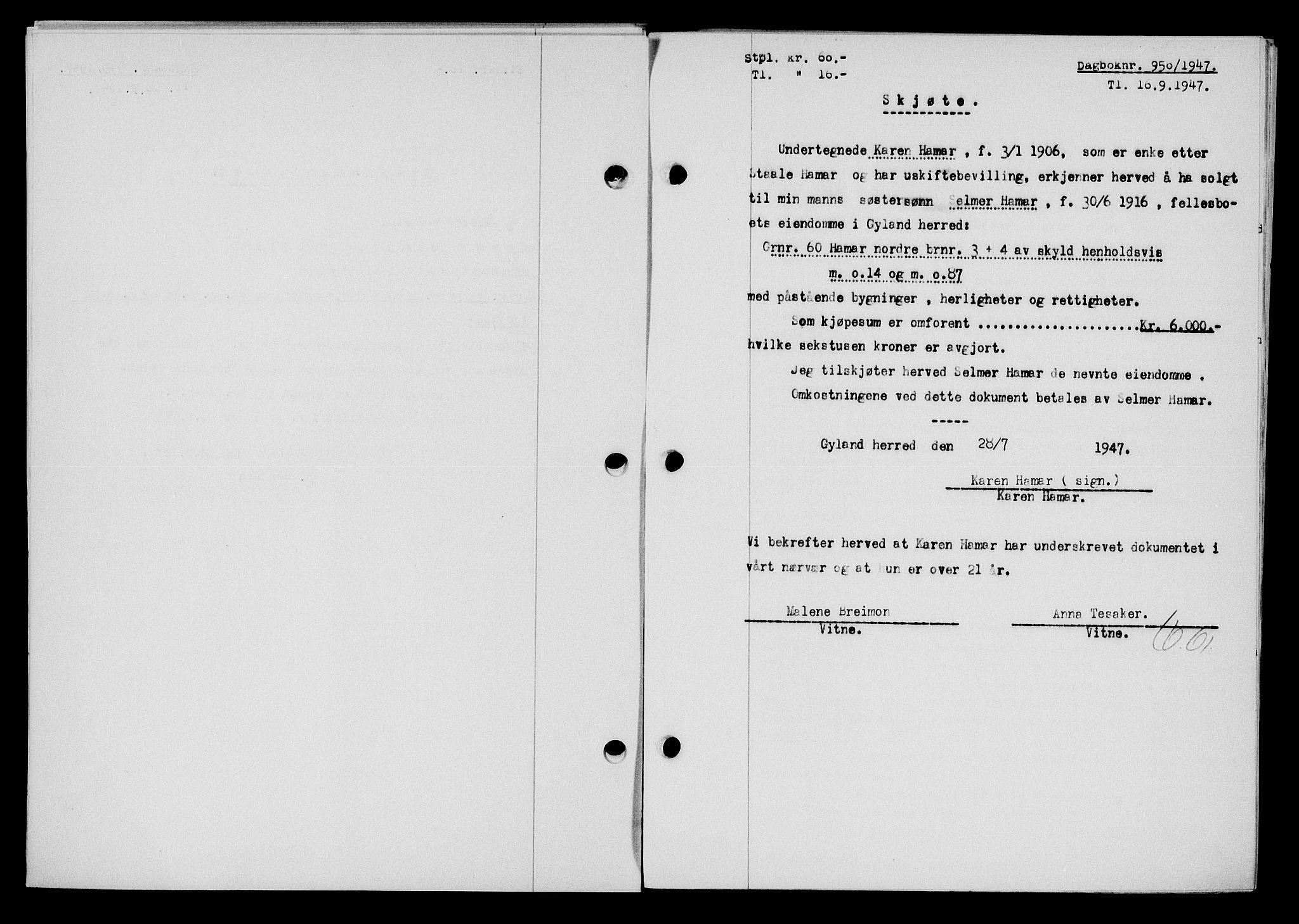 Flekkefjord sorenskriveri, AV/SAK-1221-0001/G/Gb/Gba/L0062: Mortgage book no. A-10, 1947-1947, Diary no: : 950/1947