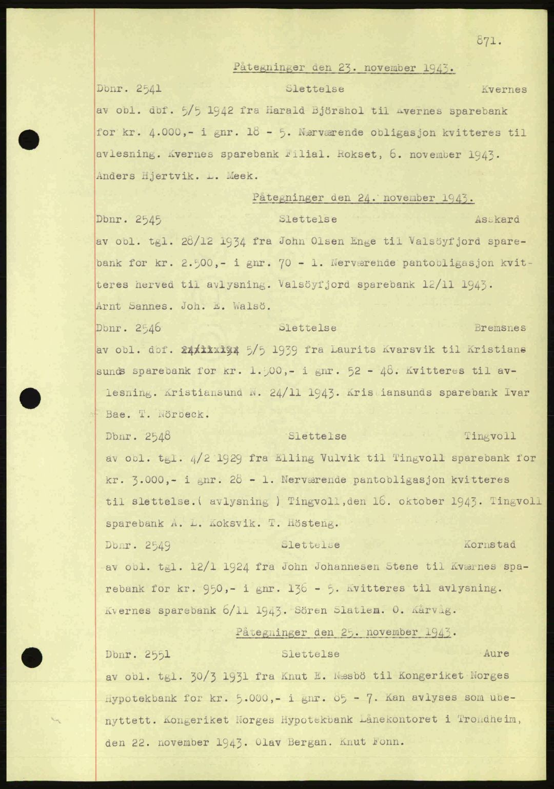 Nordmøre sorenskriveri, AV/SAT-A-4132/1/2/2Ca: Mortgage book no. C81, 1940-1945, Diary no: : 2541/1943