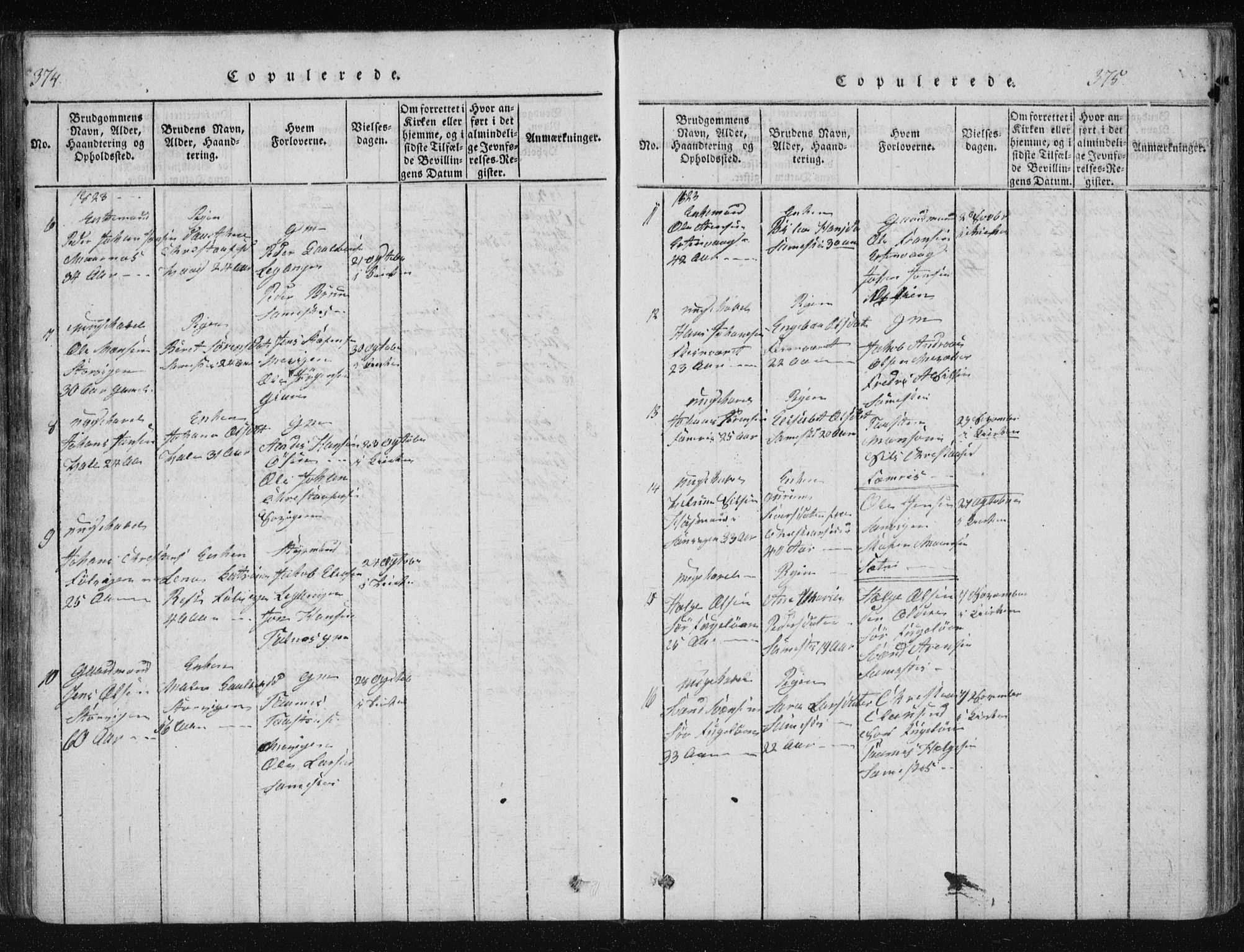 Ministerialprotokoller, klokkerbøker og fødselsregistre - Nordland, SAT/A-1459/805/L0096: Parish register (official) no. 805A03, 1820-1837, p. 374-375