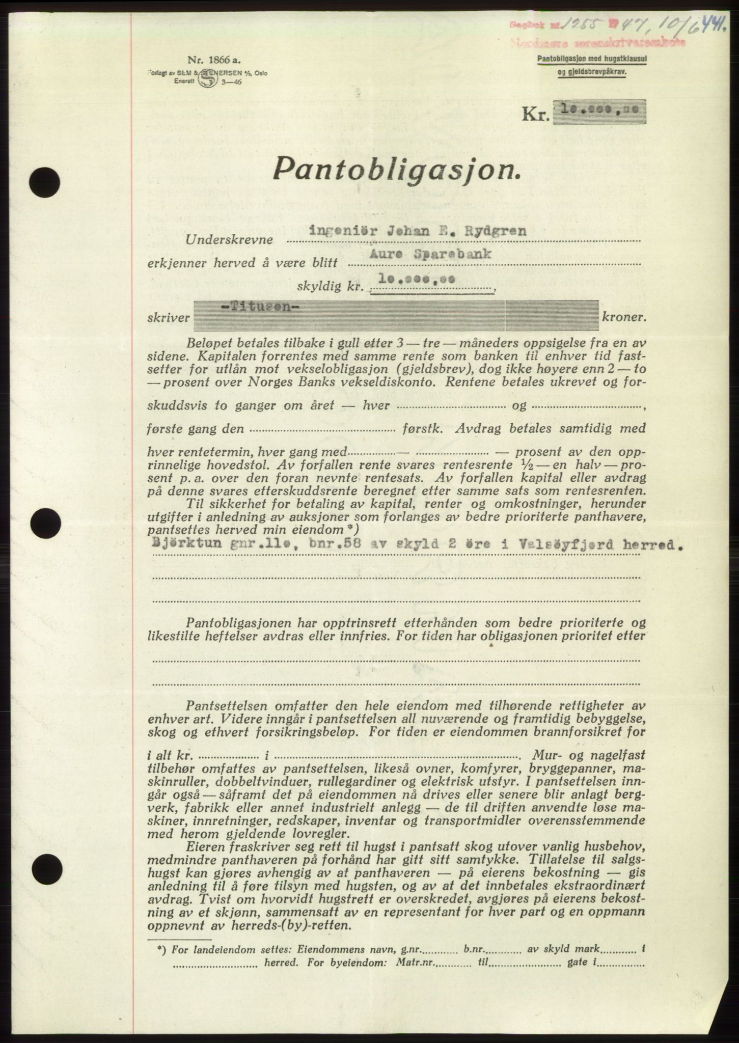 Nordmøre sorenskriveri, AV/SAT-A-4132/1/2/2Ca: Mortgage book no. B96, 1947-1947, Diary no: : 1255/1947