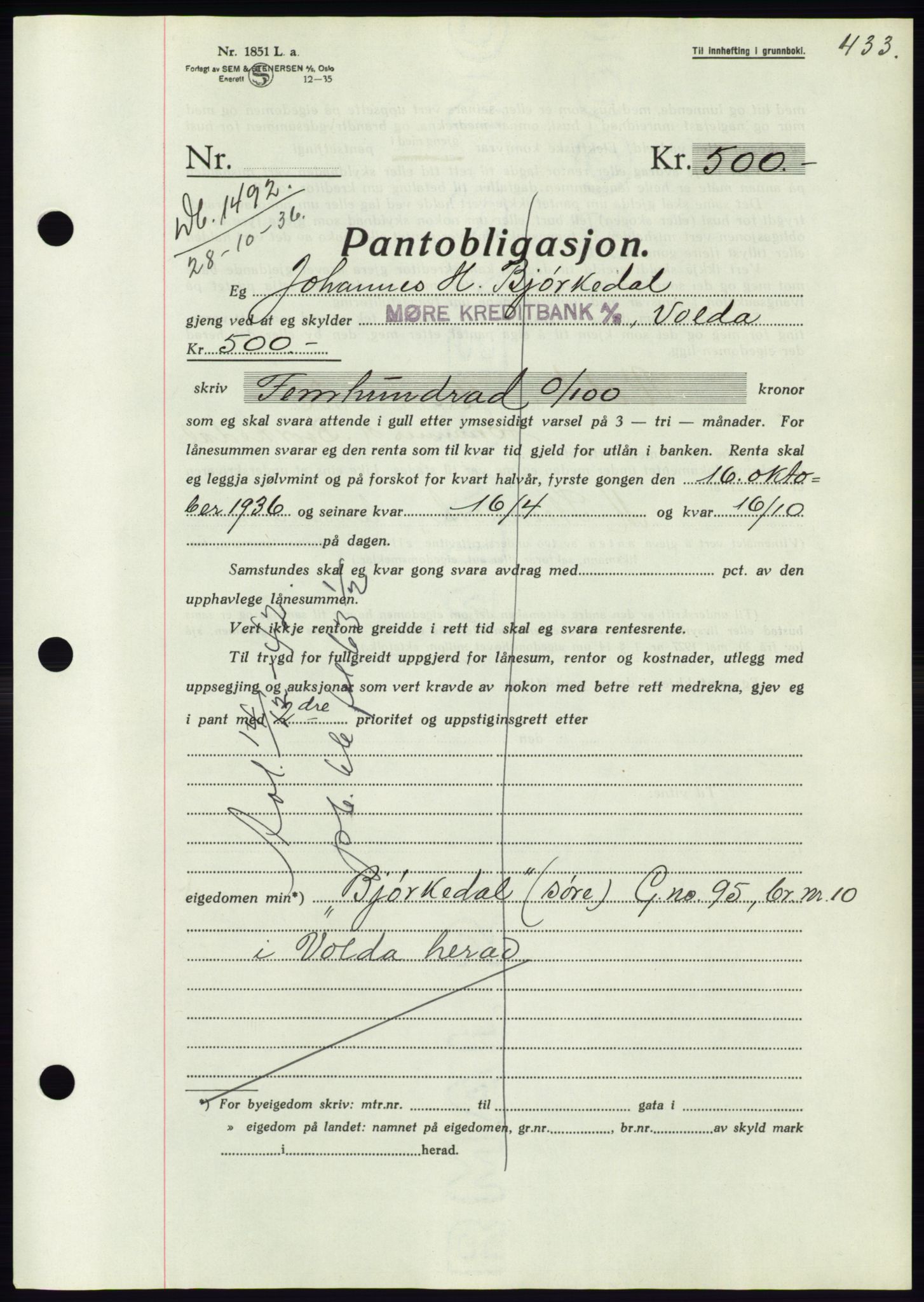 Søre Sunnmøre sorenskriveri, AV/SAT-A-4122/1/2/2C/L0061: Mortgage book no. 55, 1936-1936, Diary no: : 1492/1936