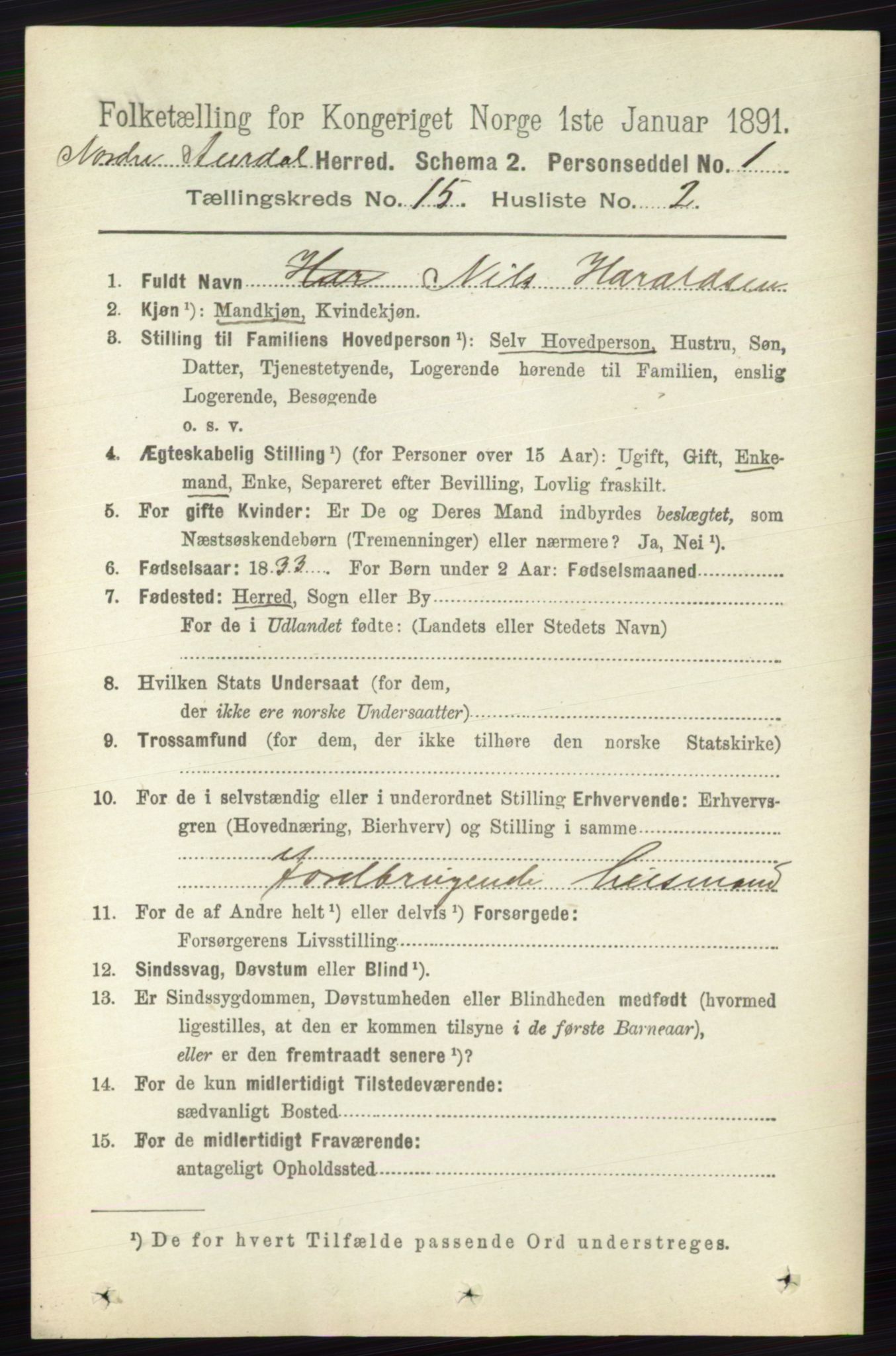 RA, 1891 census for 0542 Nord-Aurdal, 1891, p. 5748