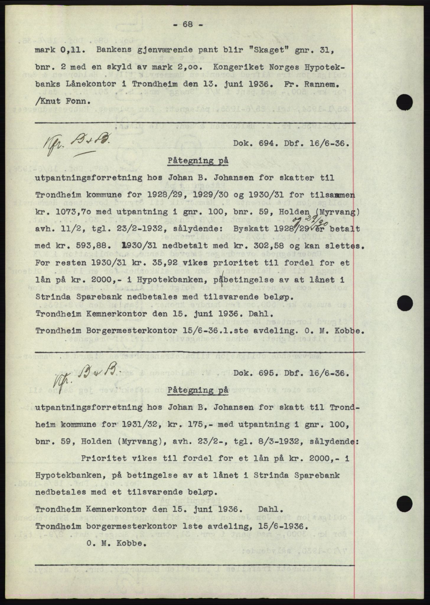 Hitra sorenskriveri, AV/SAT-A-0018/2/2C/2Ca: Mortgage book no. C1, 1936-1945, Diary no: : 694/1936