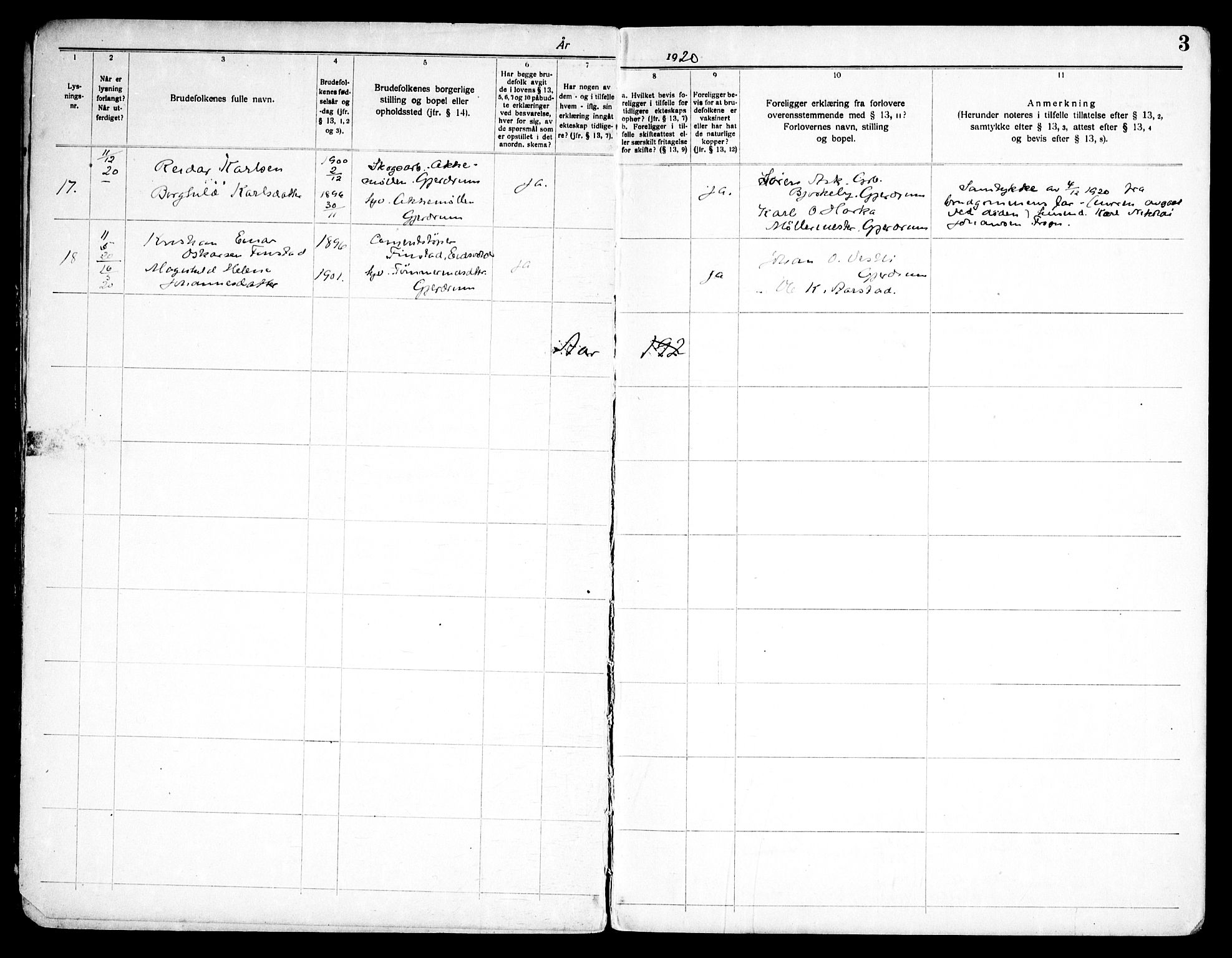 Gjerdrum prestekontor Kirkebøker, AV/SAO-A-10412b/H/Ha/L0001: Banns register no. 1, 1920-1969, p. 3