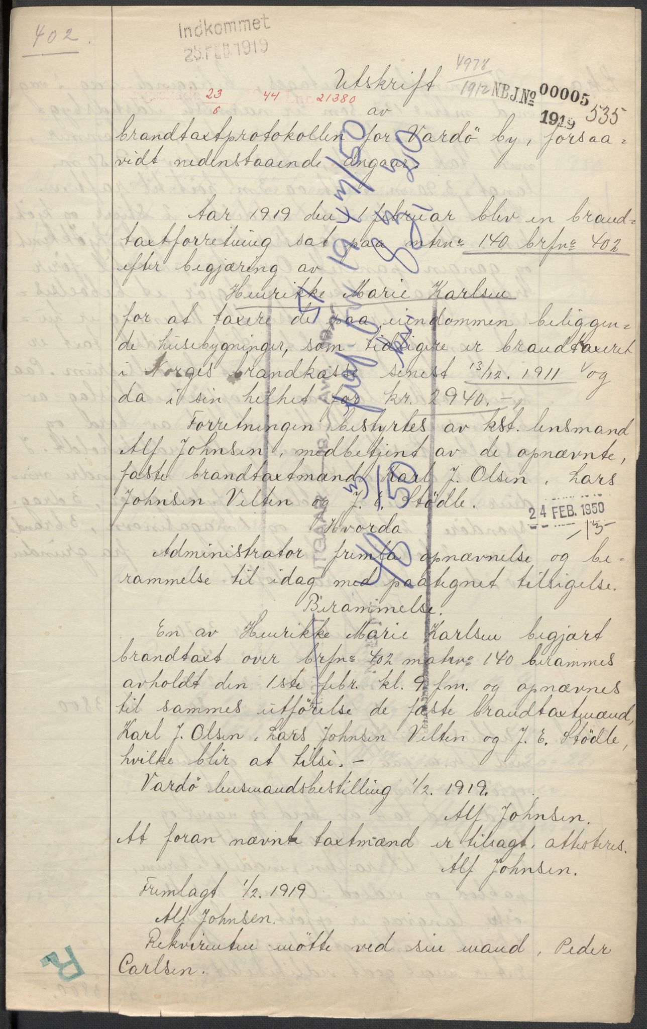 Norges Brannkasse, AV/RA-S-1549/E/Eu/L0019: Branntakster for Vardø by, 1889-1955, p. 32