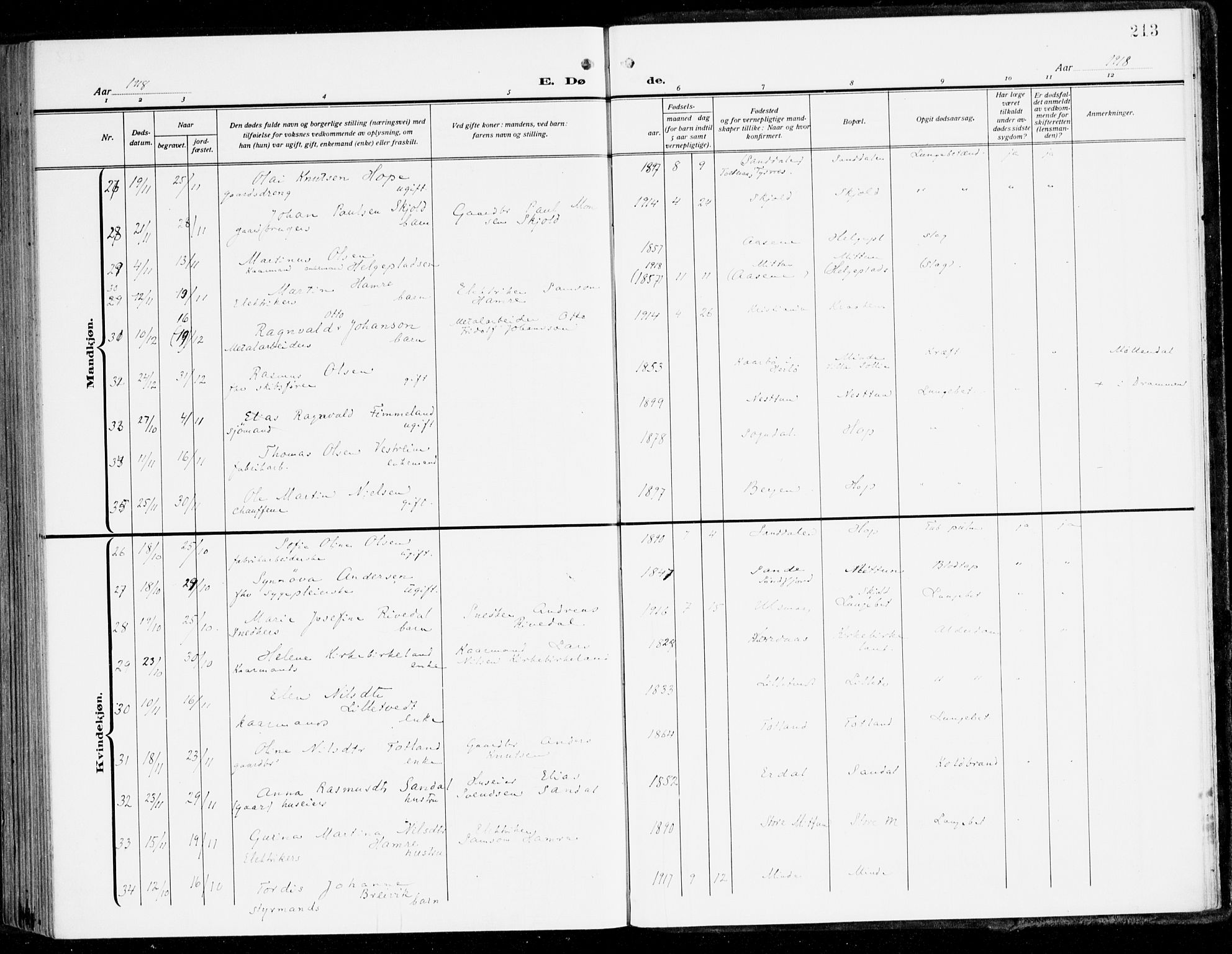 Fana Sokneprestembete, SAB/A-75101/H/Haa/Haai/L0004: Parish register (official) no. I 4, 1912-1933, p. 213