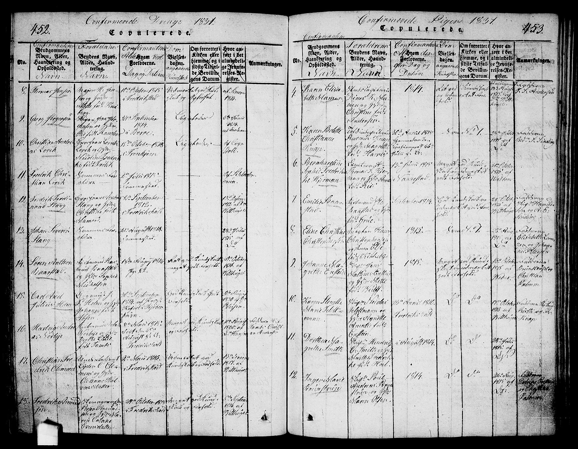 Halden prestekontor Kirkebøker, AV/SAO-A-10909/G/Ga/L0001: Parish register (copy) no. 1, 1815-1833, p. 452-453