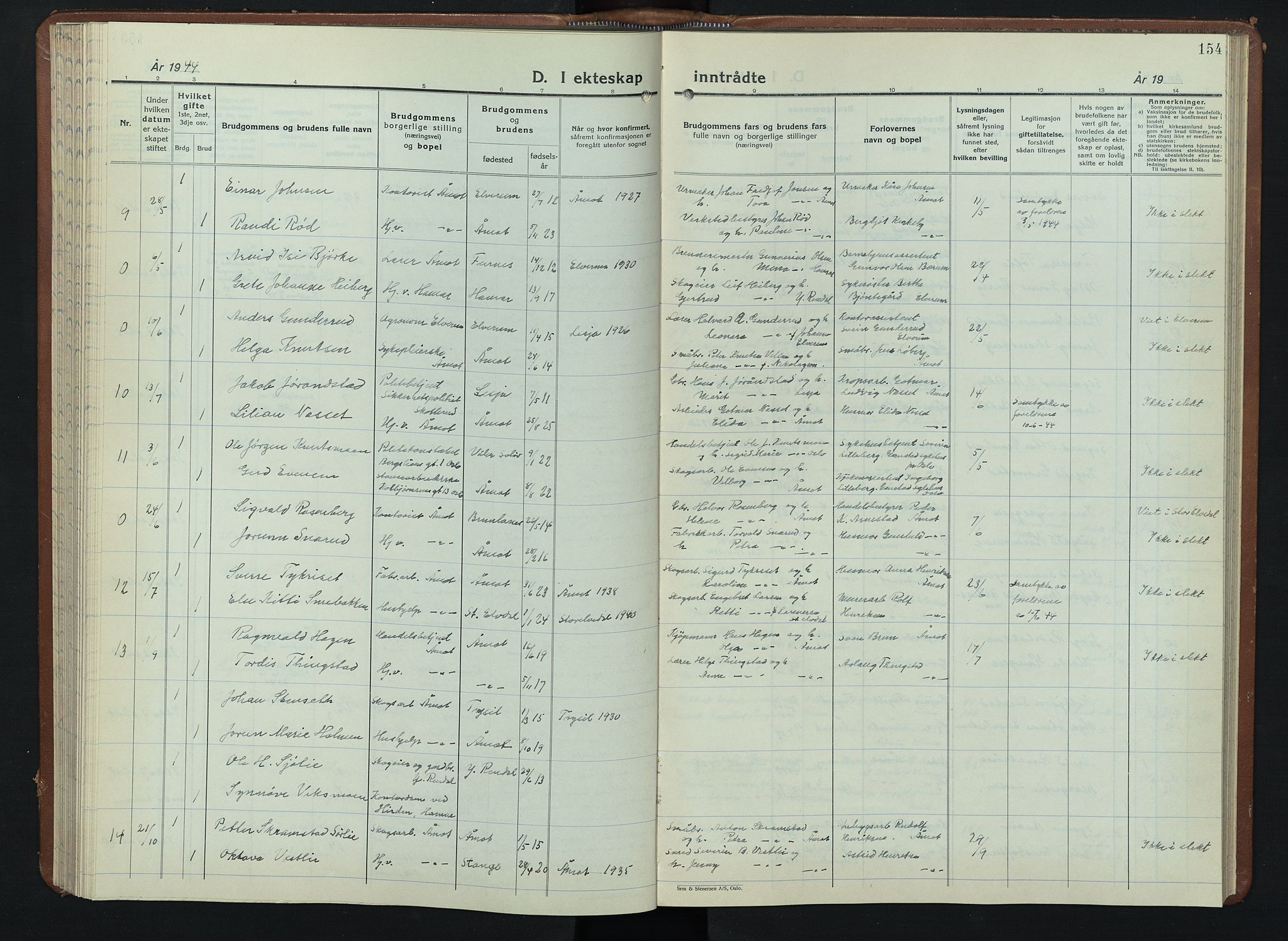 Åmot prestekontor, Hedmark, AV/SAH-PREST-056/H/Ha/Hab/L0008: Parish register (copy) no. 8, 1938-1947, p. 154