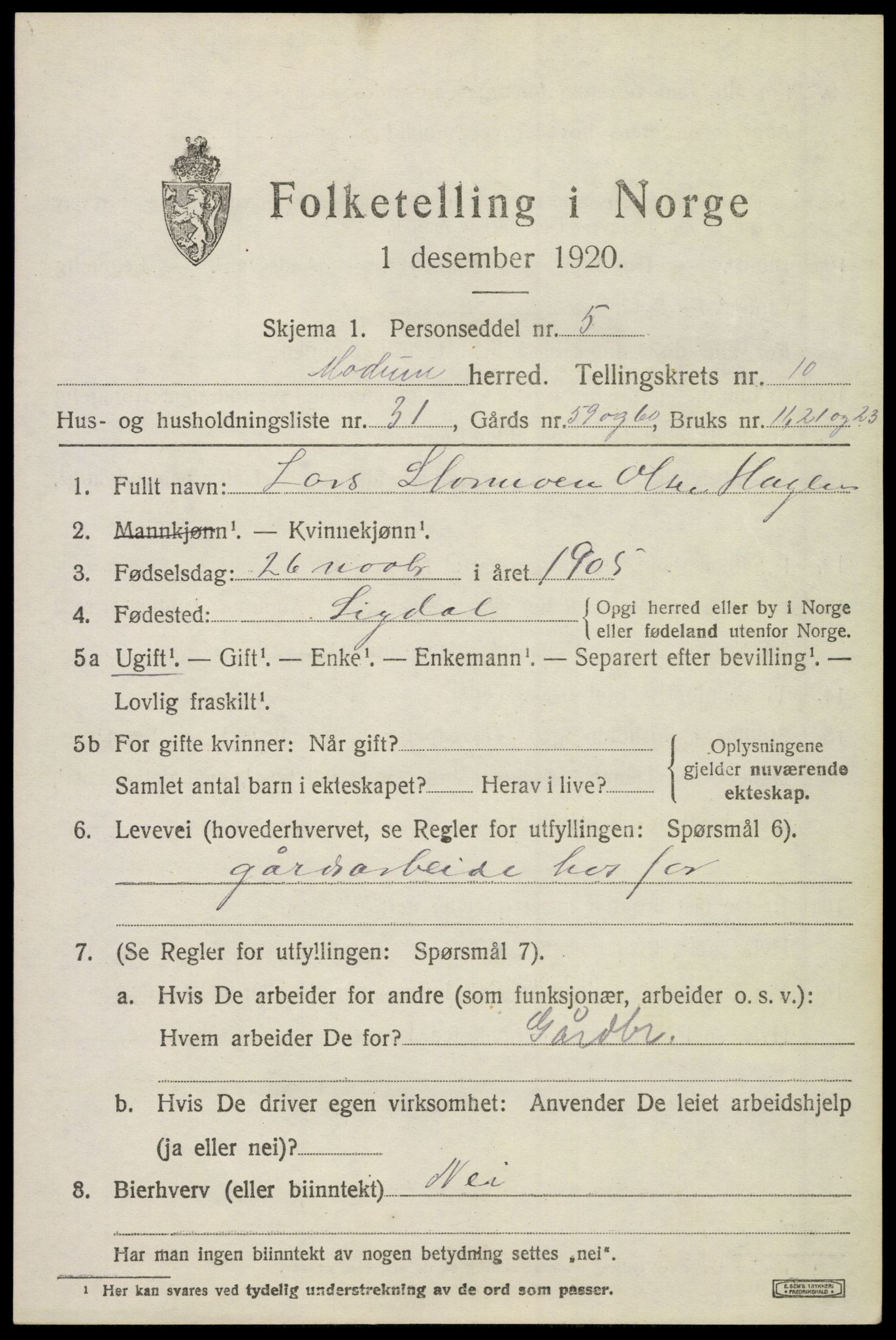 SAKO, 1920 census for Modum, 1920, p. 13275