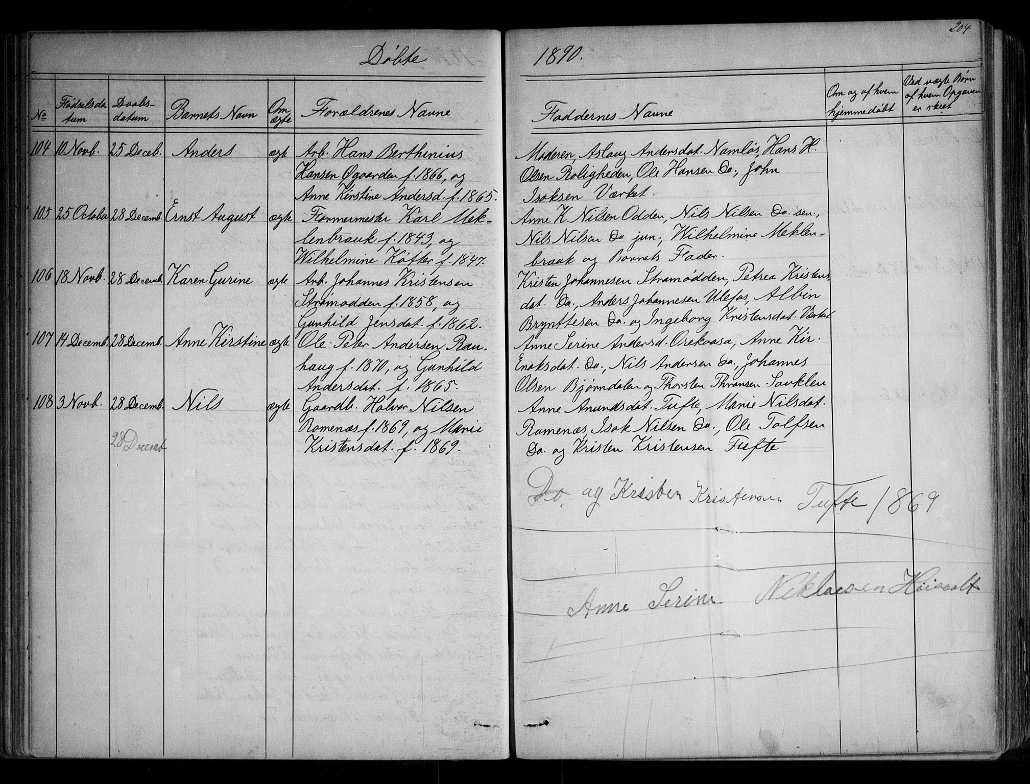 Holla kirkebøker, SAKO/A-272/G/Ga/L0004: Parish register (copy) no. I 4, 1867-1890, p. 204