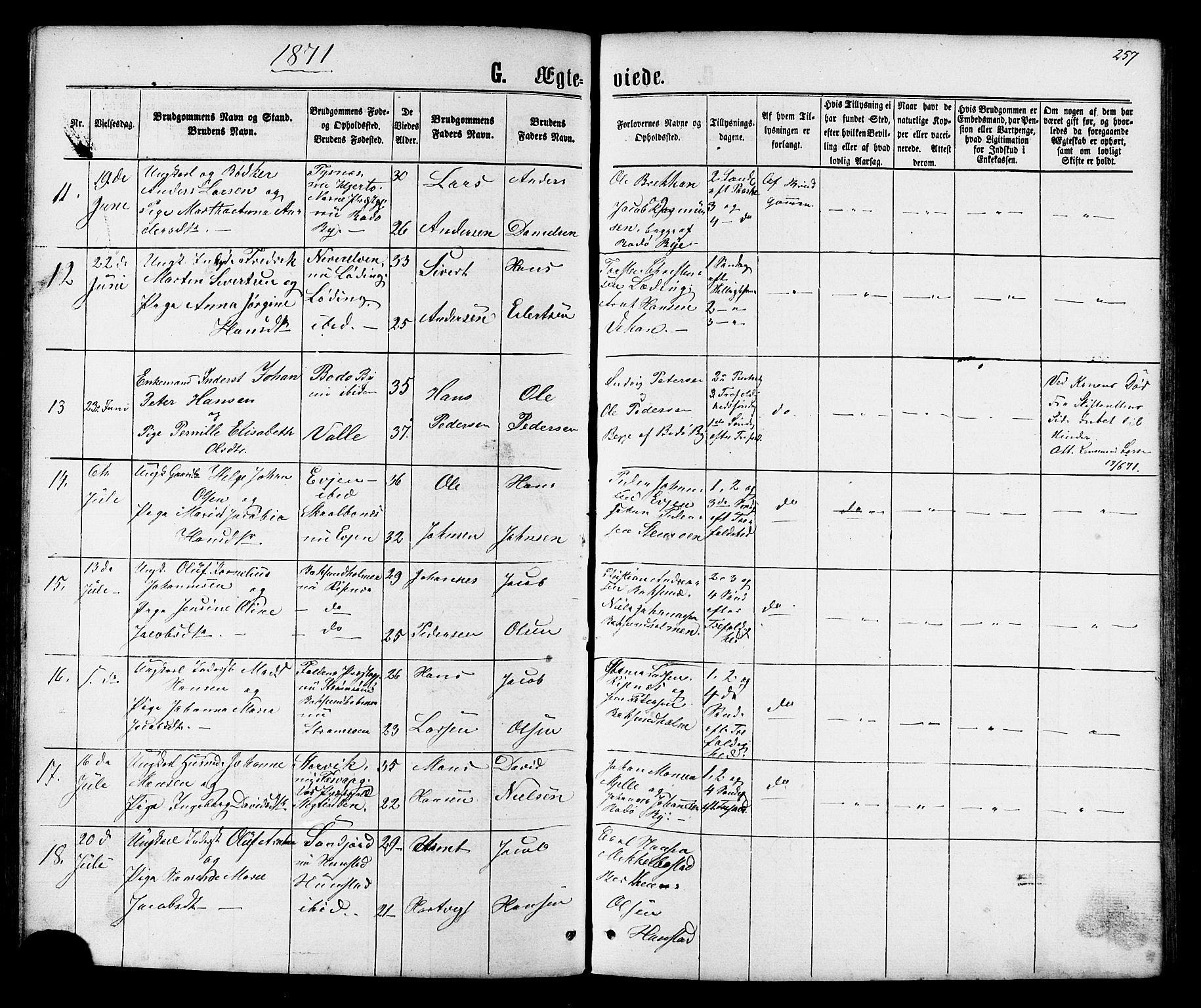 Ministerialprotokoller, klokkerbøker og fødselsregistre - Nordland, SAT/A-1459/801/L0029: Parish register (copy) no. 801C04, 1868-1878, p. 257