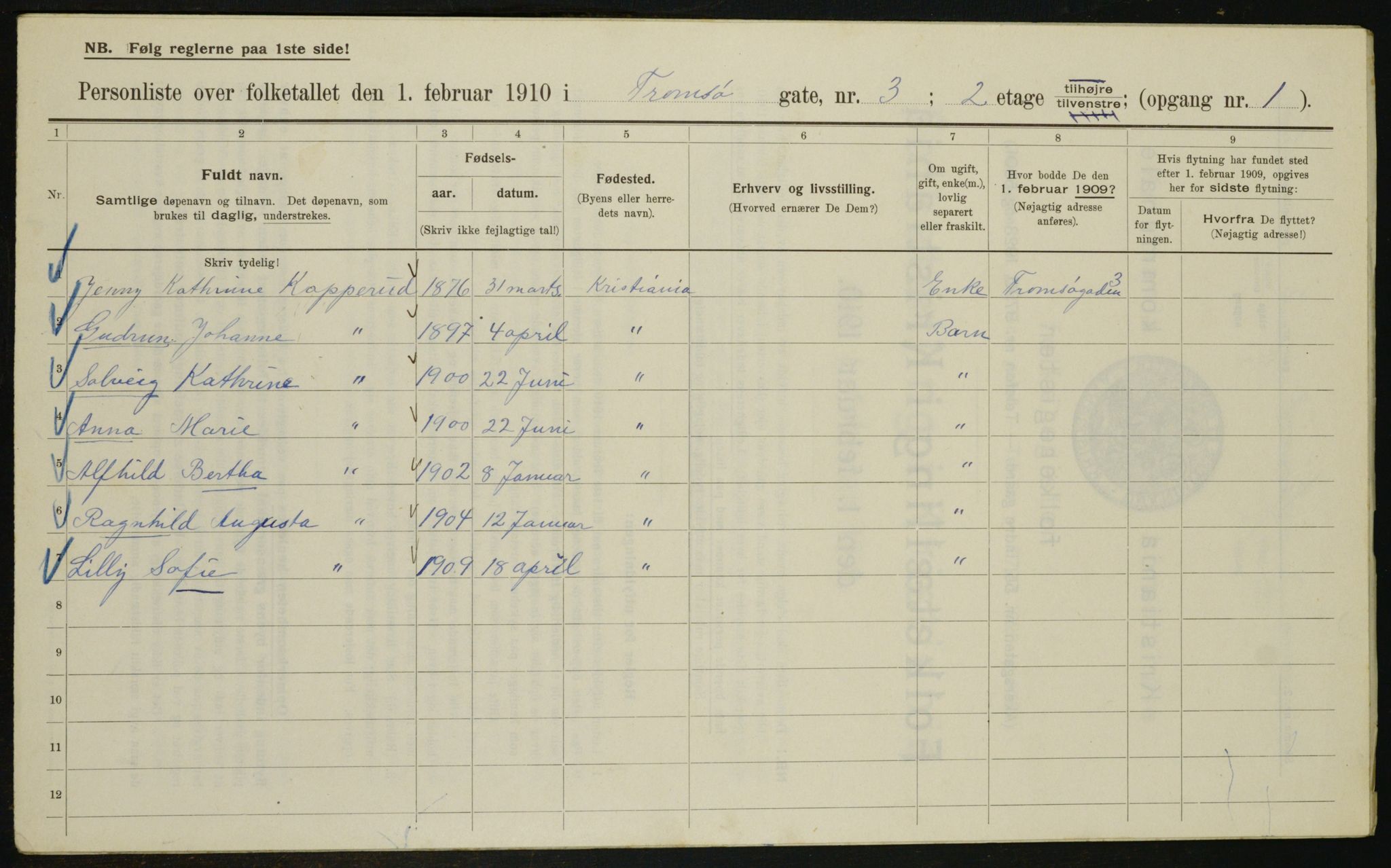 OBA, Municipal Census 1910 for Kristiania, 1910, p. 109749