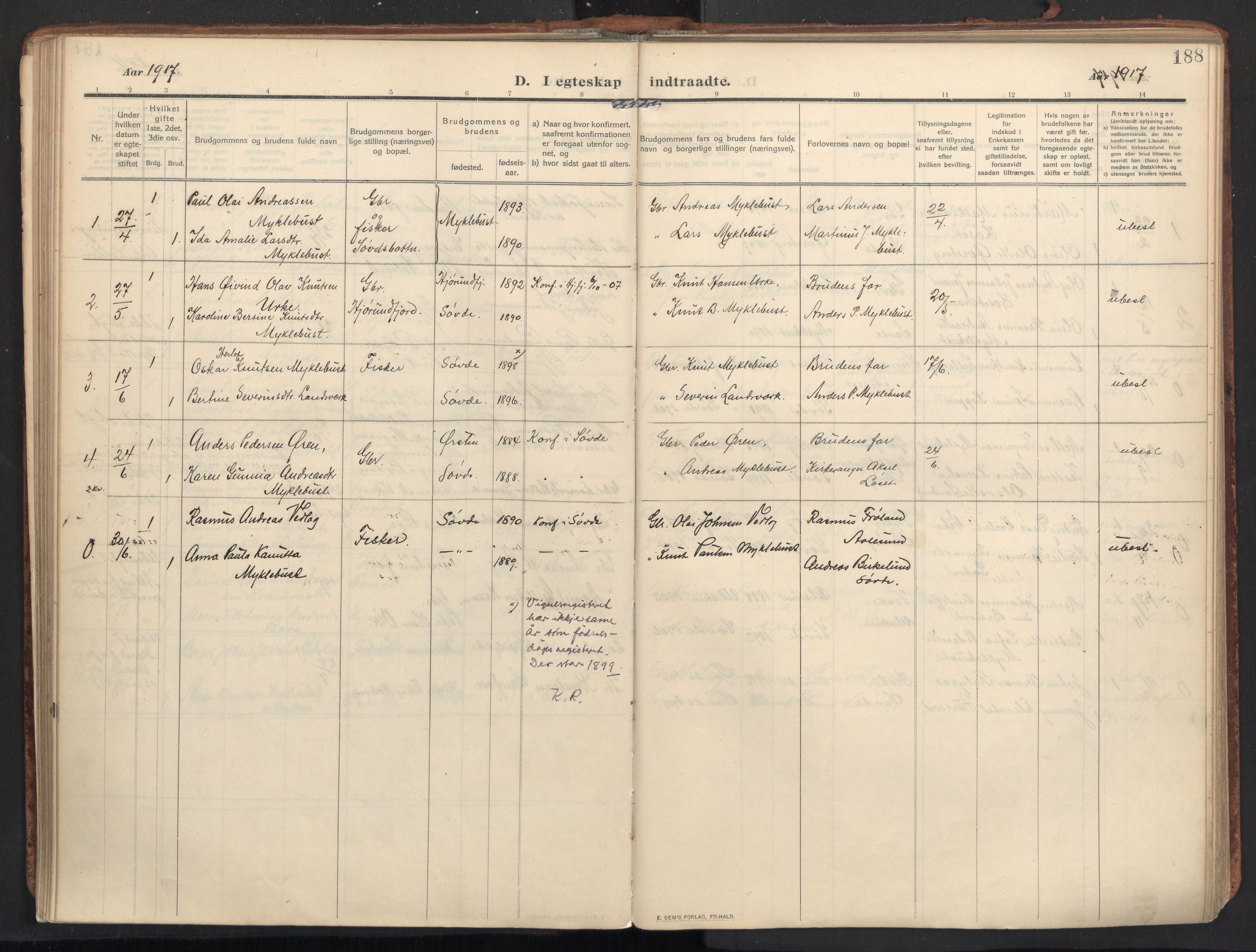 Ministerialprotokoller, klokkerbøker og fødselsregistre - Møre og Romsdal, SAT/A-1454/502/L0026: Parish register (official) no. 502A04, 1909-1933, p. 188