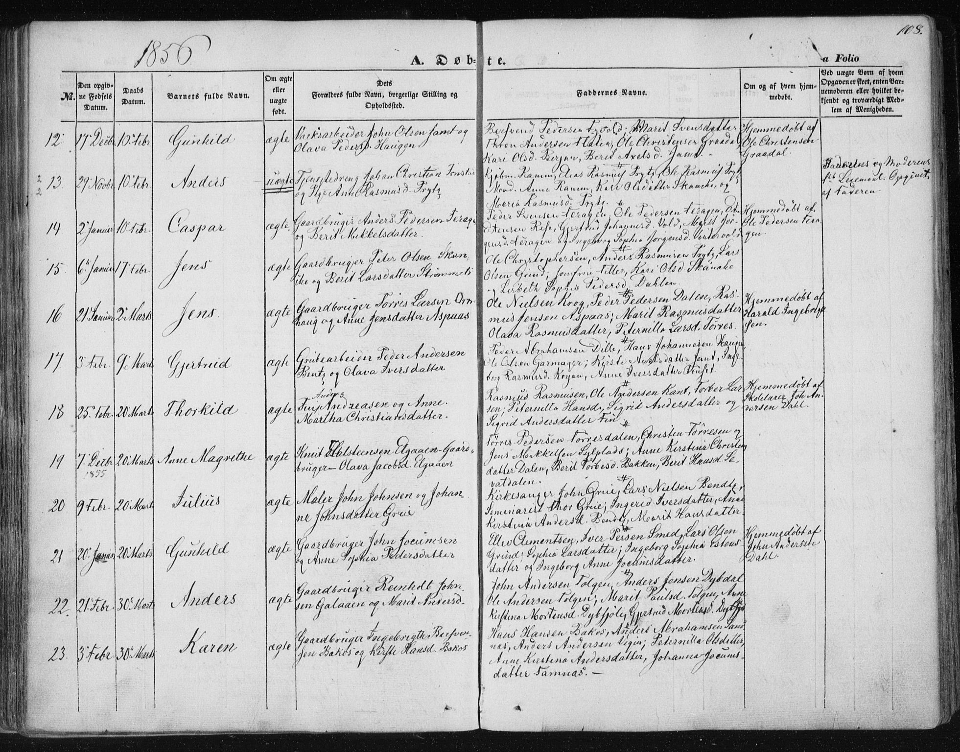 Ministerialprotokoller, klokkerbøker og fødselsregistre - Sør-Trøndelag, SAT/A-1456/681/L0931: Parish register (official) no. 681A09, 1845-1859, p. 108