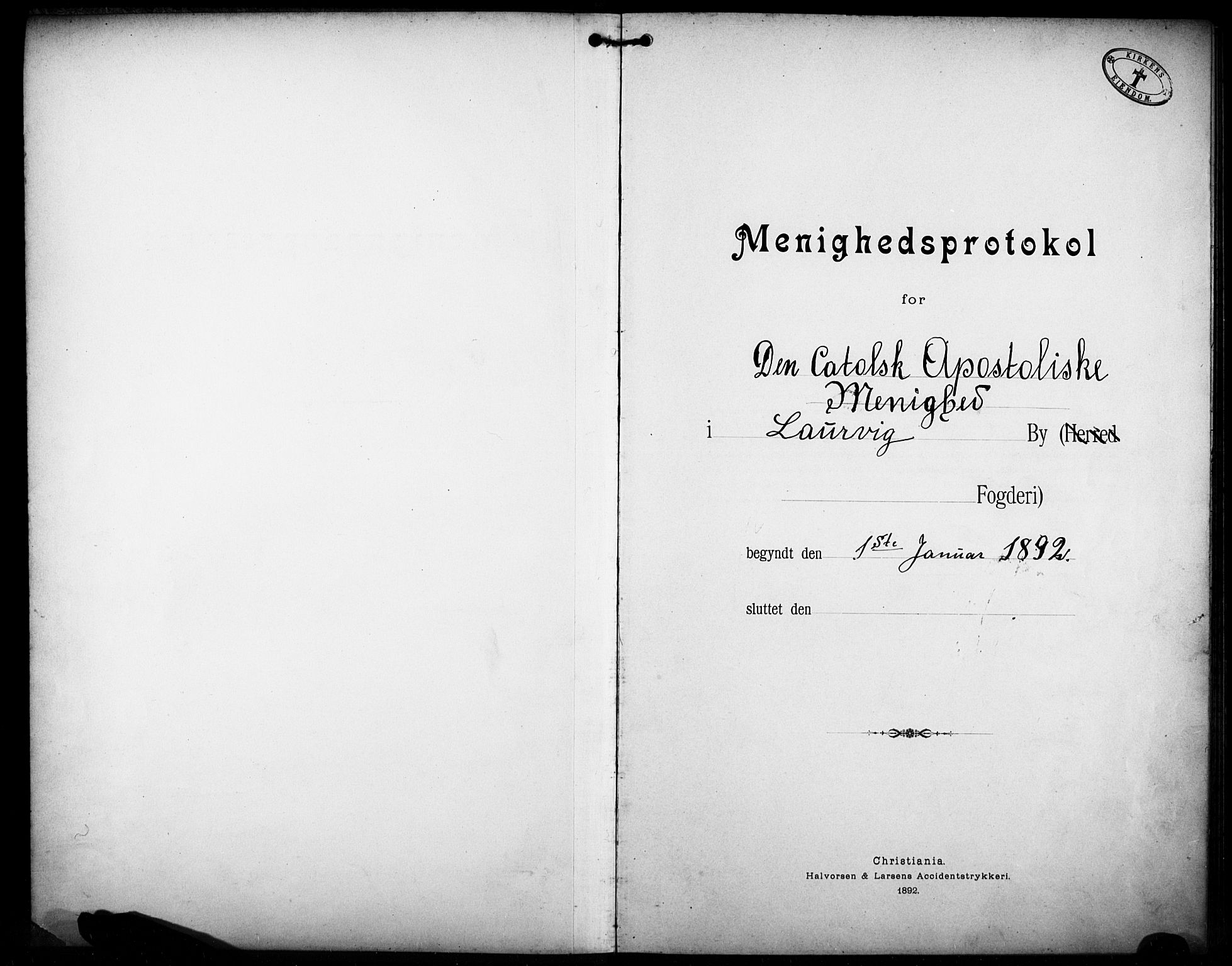 Den katolsk-apostoliske menighet i Larvik, AV/SAKO-P-953/F/Fa/L0001: Dissenter register no. 1, 1892-1933