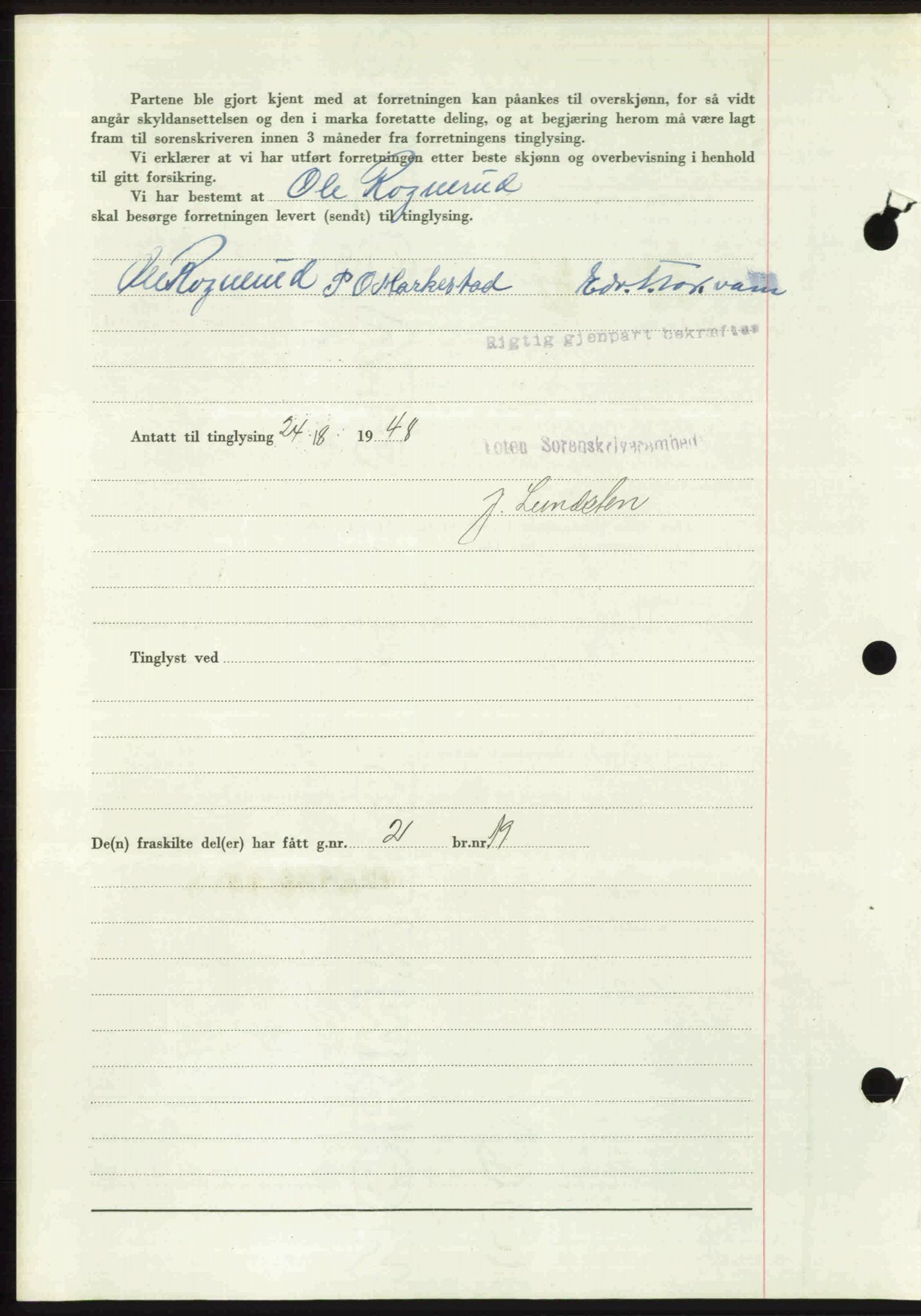 Toten tingrett, SAH/TING-006/H/Hb/Hbc/L0020: Mortgage book no. Hbc-20, 1948-1948, Diary no: : 2664/1948