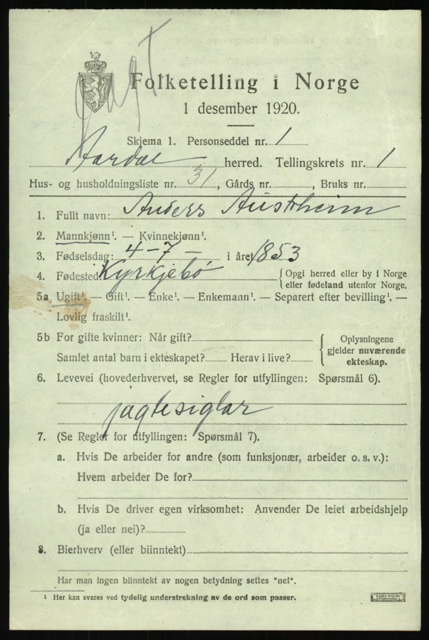 SAB, 1920 census for Årdal, 1920, p. 863