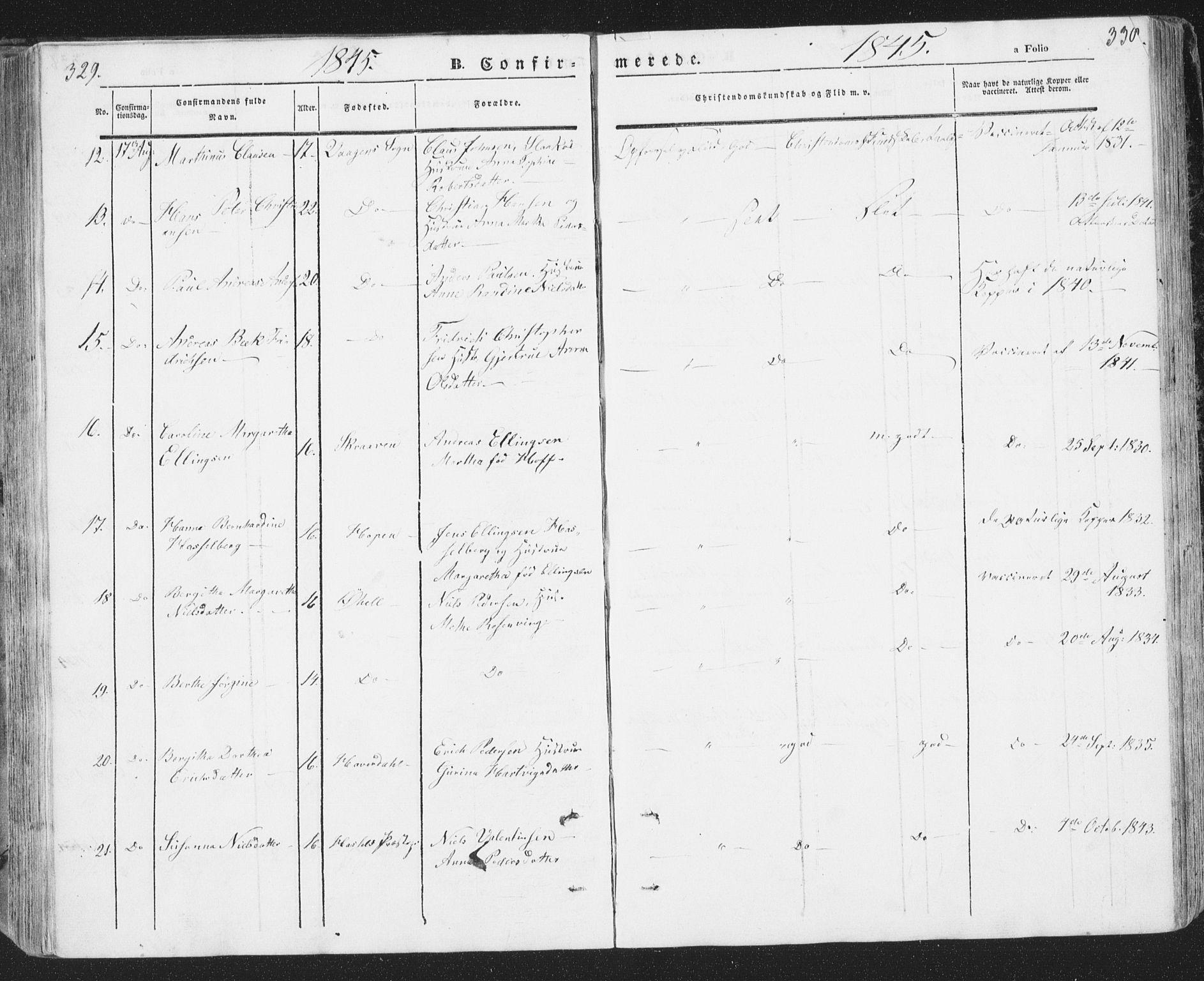 Ministerialprotokoller, klokkerbøker og fødselsregistre - Nordland, AV/SAT-A-1459/874/L1072: Parish register (copy) no. 874C01, 1843-1859, p. 329-330