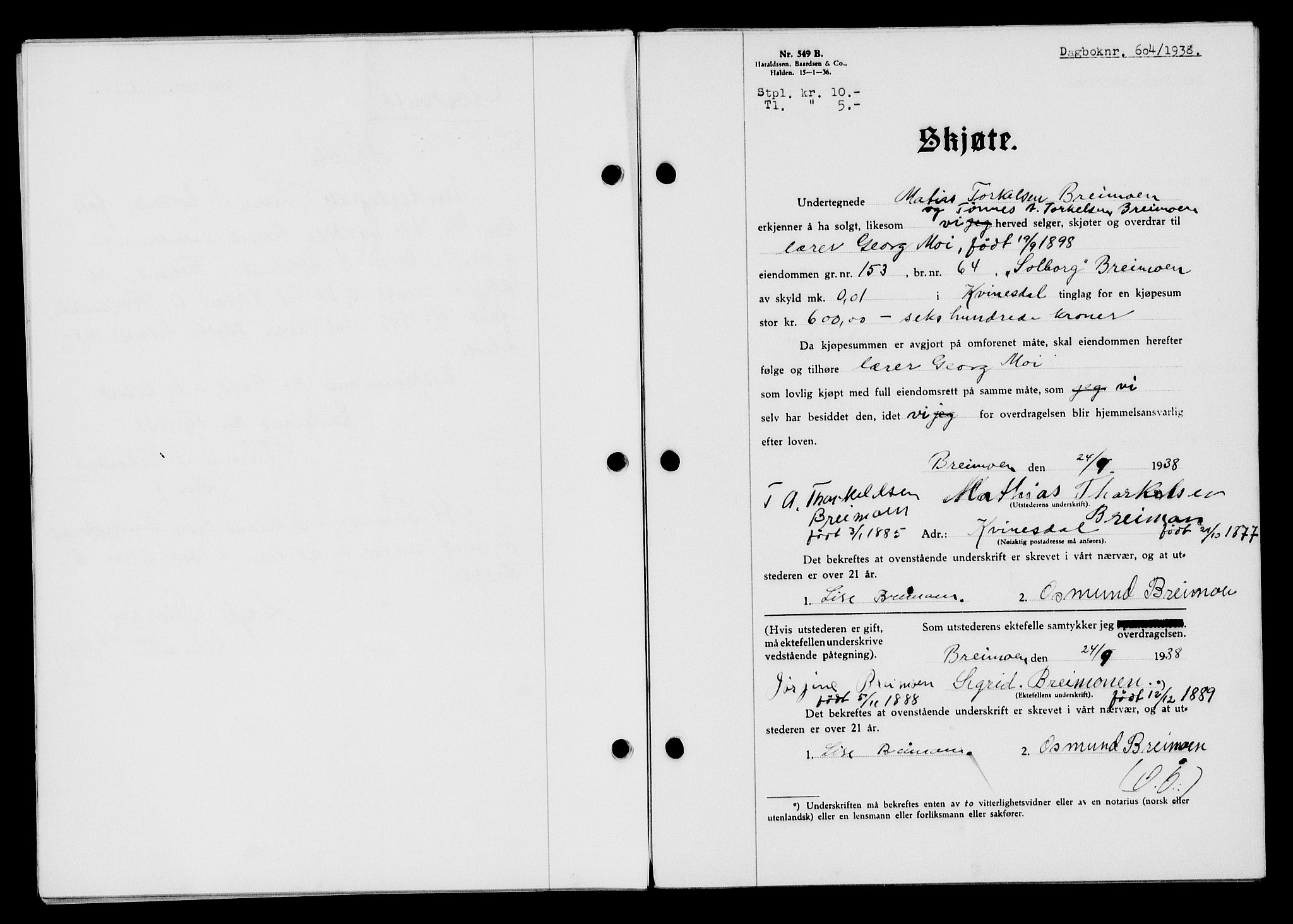 Flekkefjord sorenskriveri, AV/SAK-1221-0001/G/Gb/Gba/L0054: Mortgage book no. A-2, 1937-1938, Diary no: : 604/1938