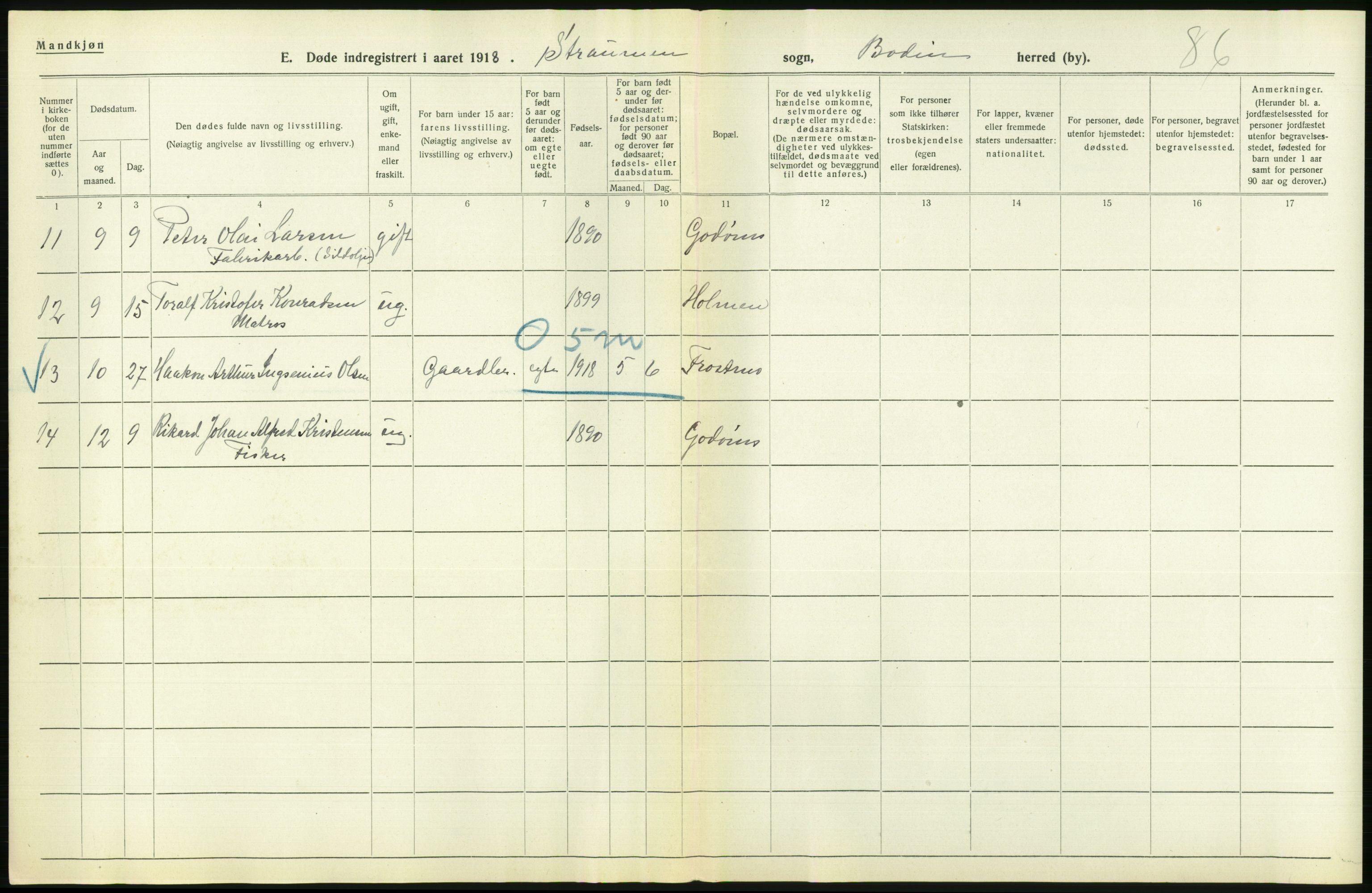 Statistisk sentralbyrå, Sosiodemografiske emner, Befolkning, AV/RA-S-2228/D/Df/Dfb/Dfbh/L0055: Nordland fylke: Døde. Bygder og byer., 1918, p. 294