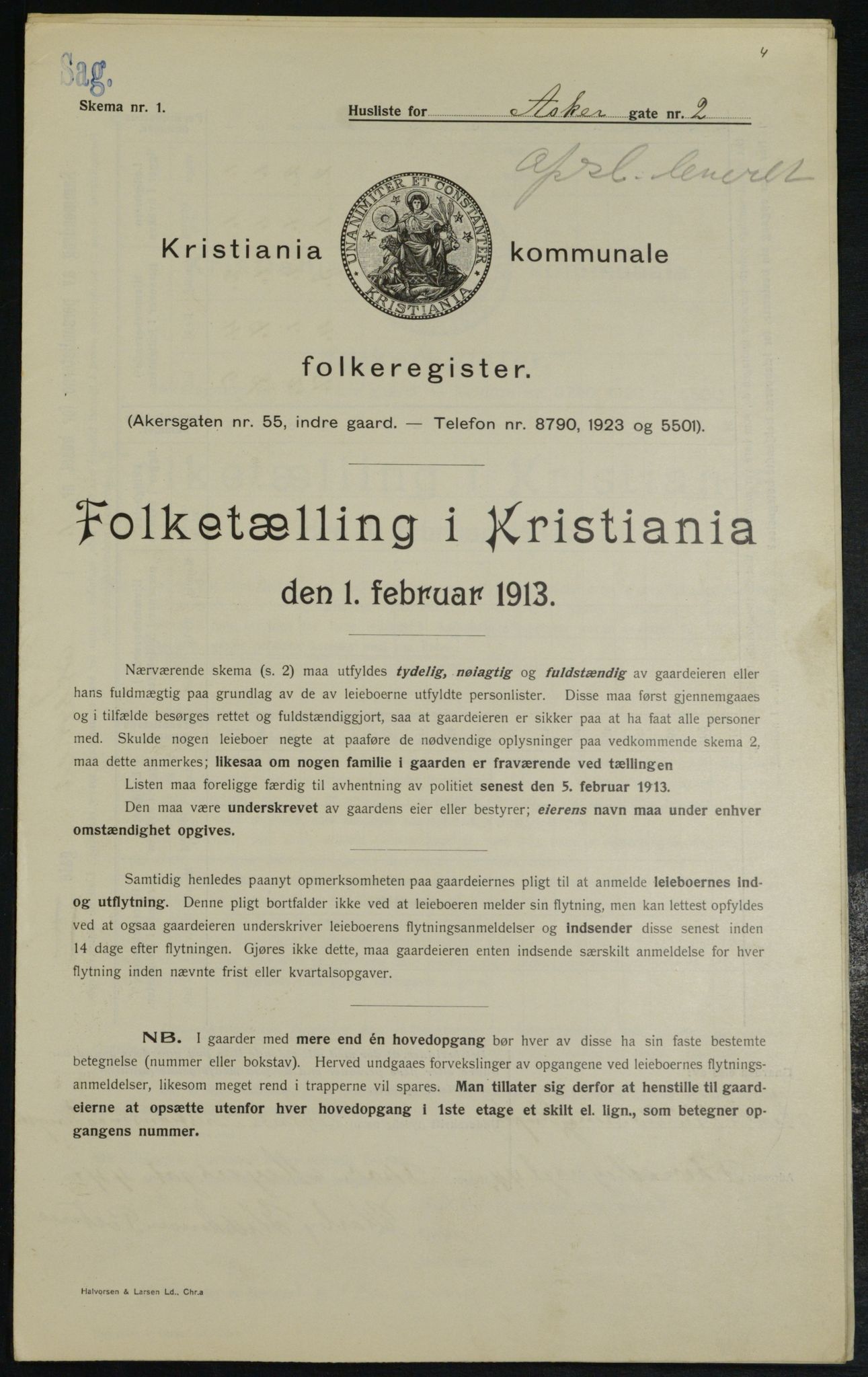 OBA, Municipal Census 1913 for Kristiania, 1913, p. 2415