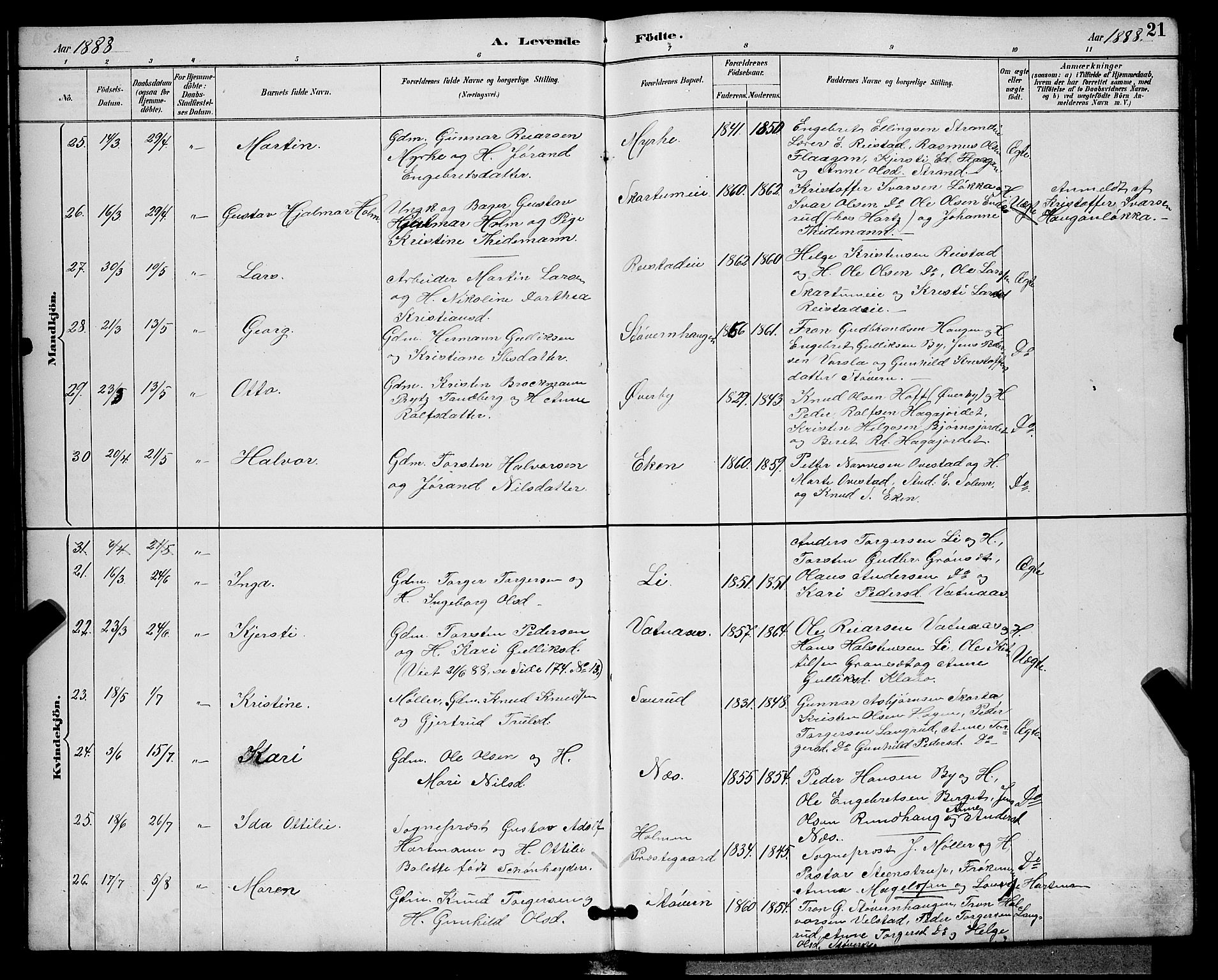 Sigdal kirkebøker, AV/SAKO-A-245/G/Ga/L0005: Parish register (copy) no. I 5, 1886-1900, p. 21