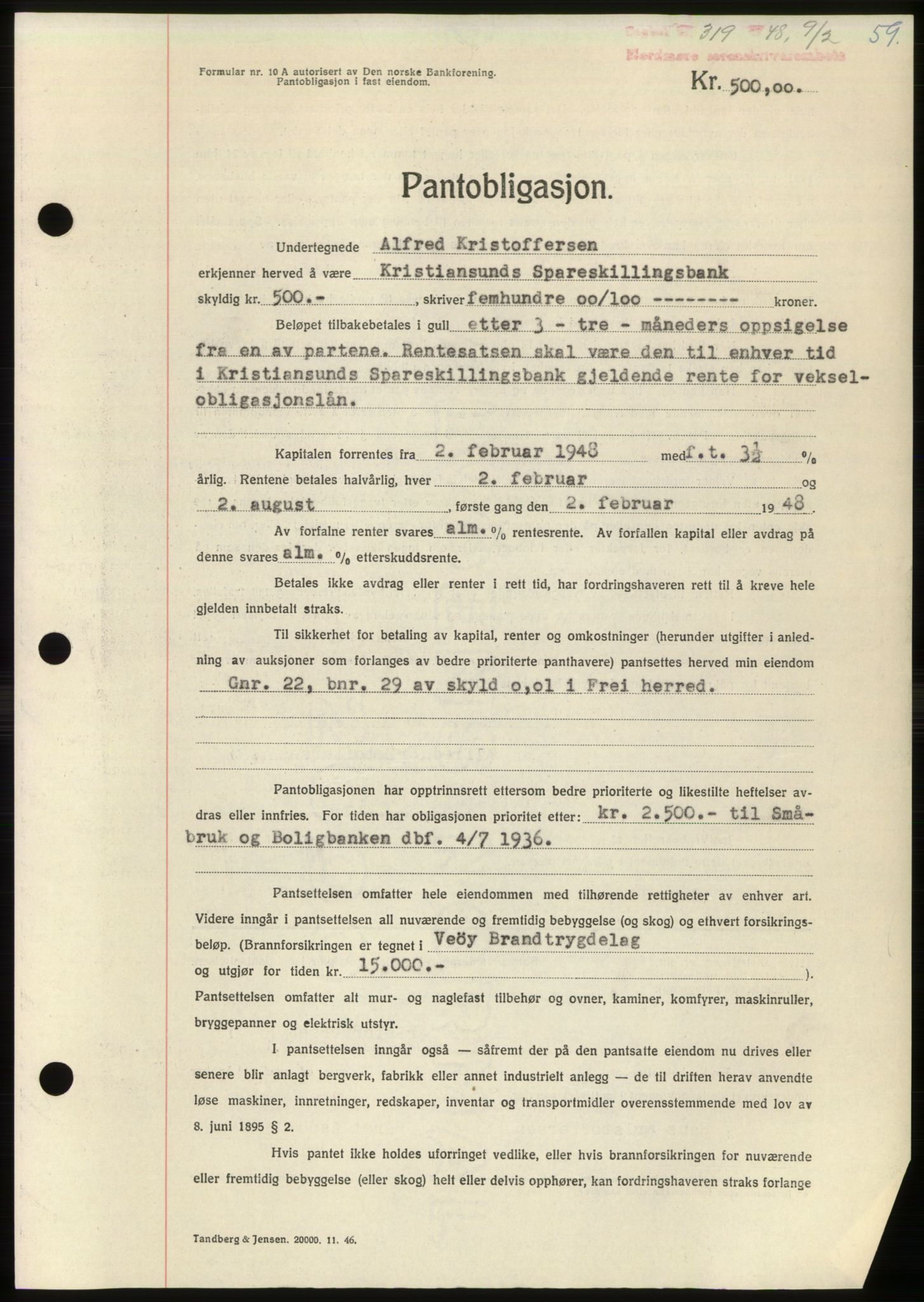 Nordmøre sorenskriveri, AV/SAT-A-4132/1/2/2Ca: Mortgage book no. B98, 1948-1948, Diary no: : 319/1948