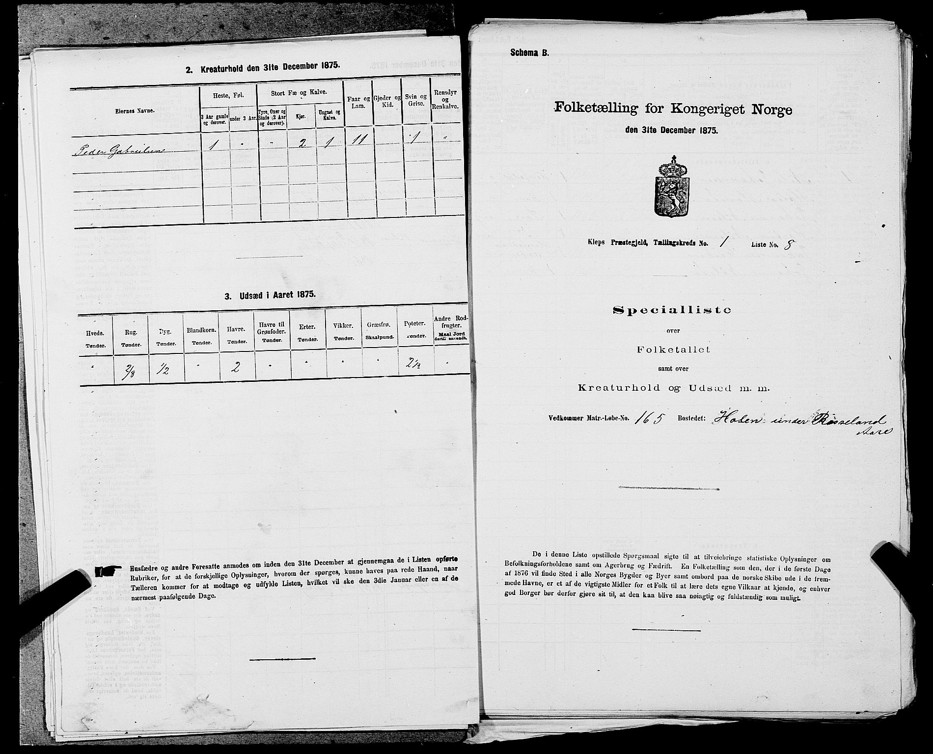 SAST, 1875 census for 1120P Klepp, 1875, p. 51