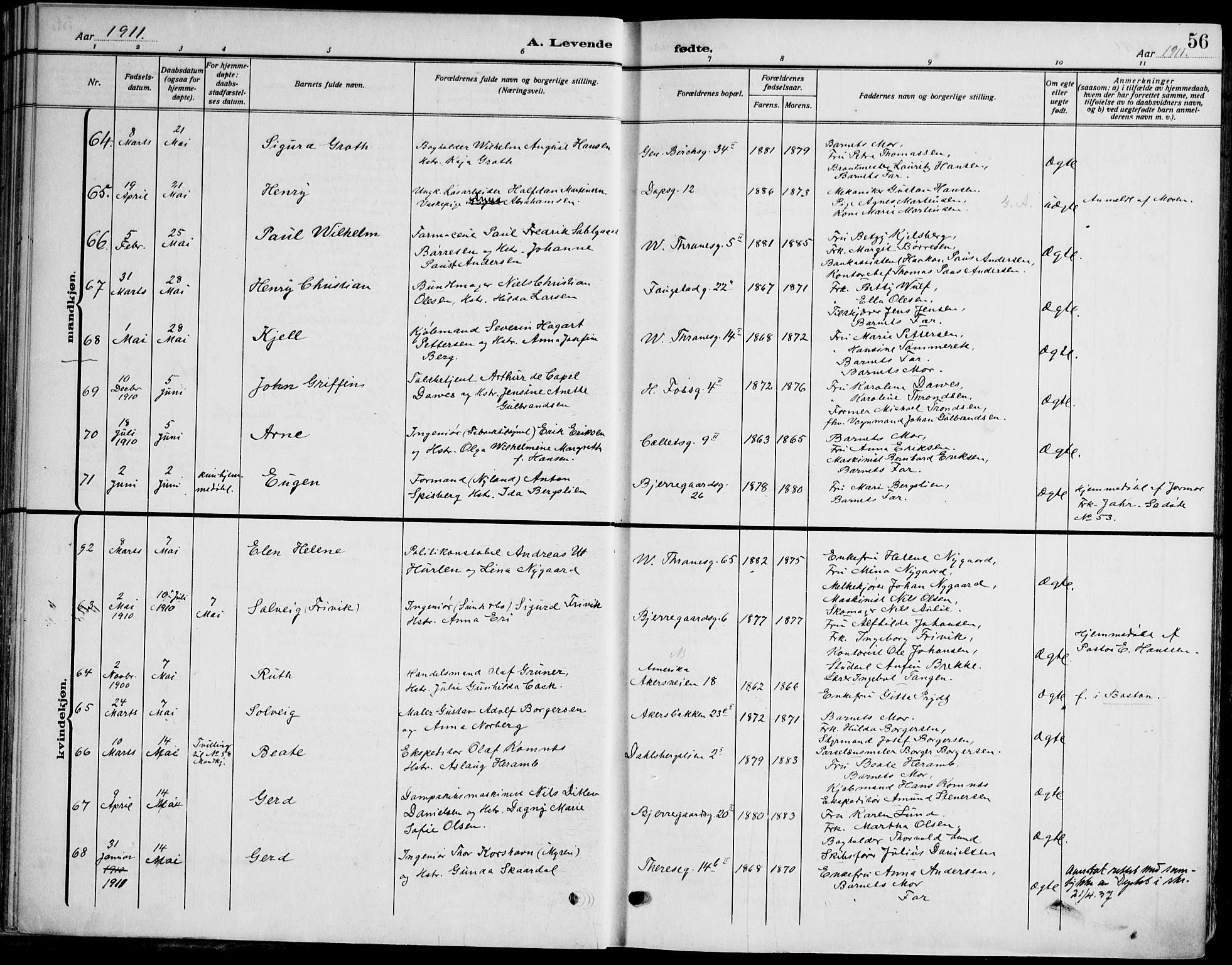 Gamle Aker prestekontor Kirkebøker, AV/SAO-A-10617a/F/L0014: Parish register (official) no. 14, 1909-1924, p. 56